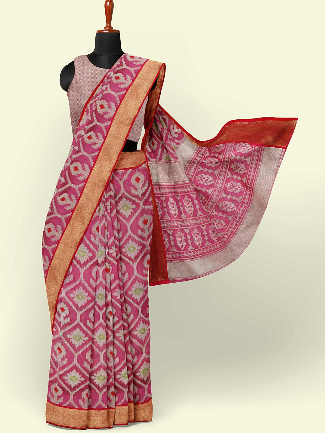 Faishana Presents Magenta Cotton Floral Meena Jaal With Yellow Blouse Banarasi Saree