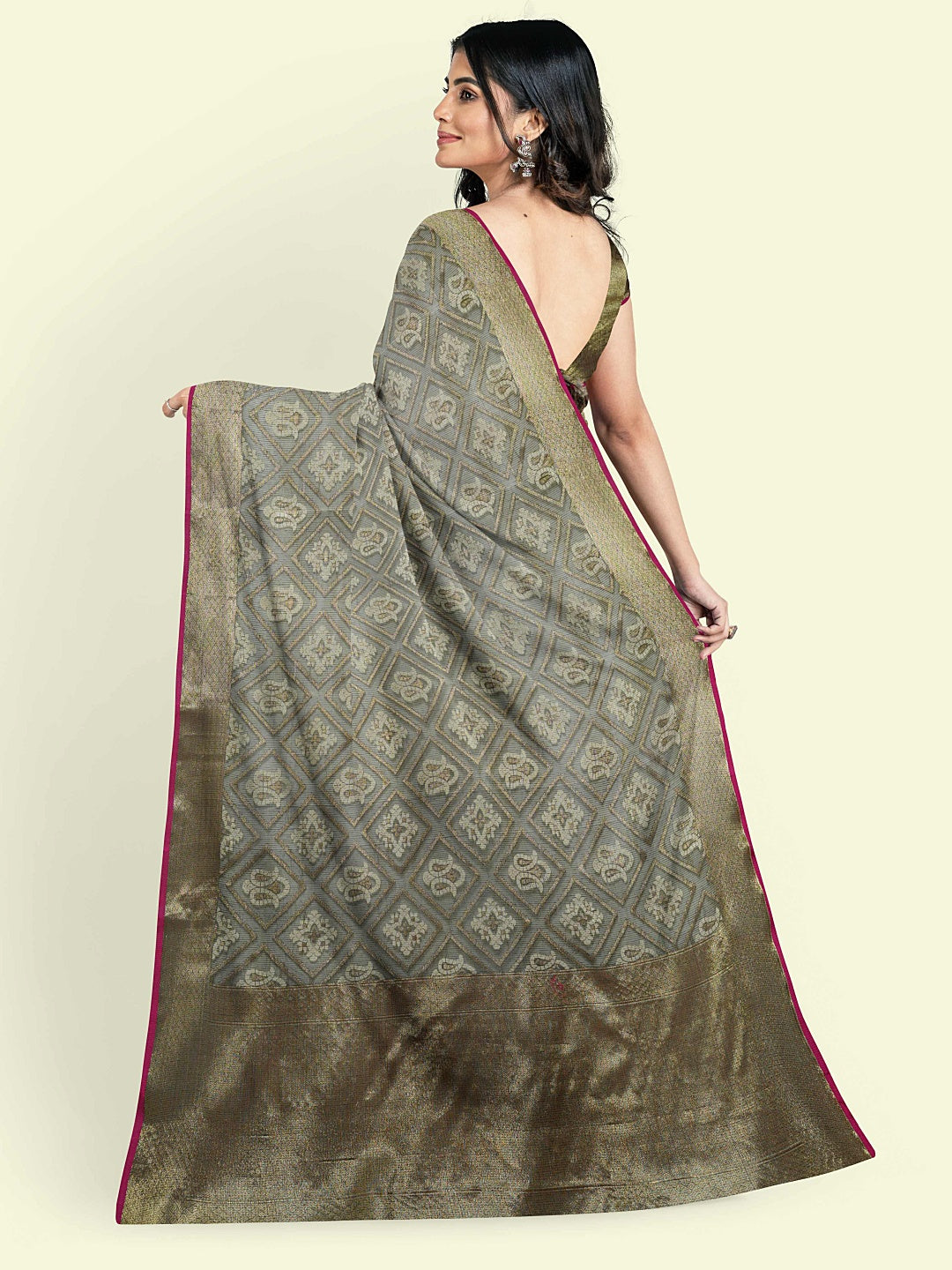 Faishana Presents Grey Cotton Paisley Jaal Meena Border With Grey Blouse Banarasi Saree