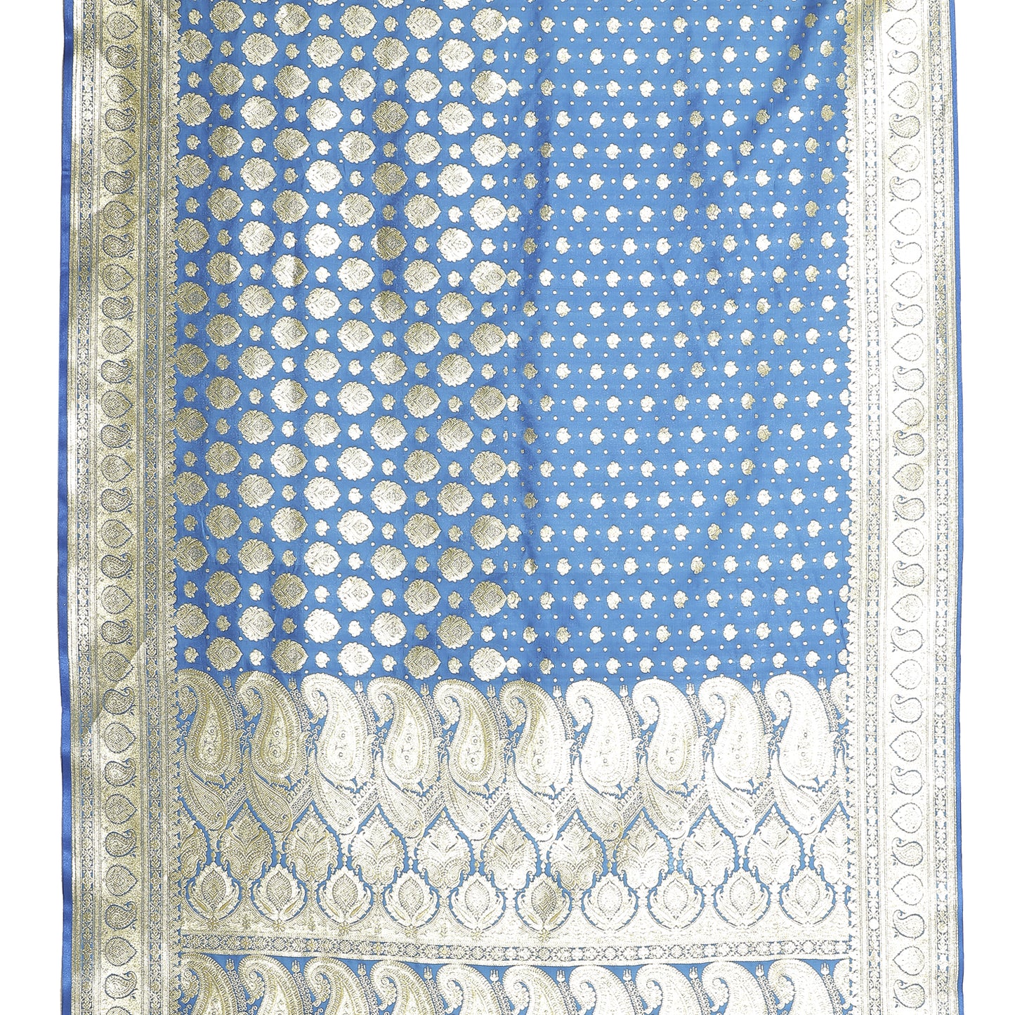 Faishana Turquoise Blue Satin Silk Half Half Patli Zari Jaal Saree With Turqouise Blue Blouse Piece