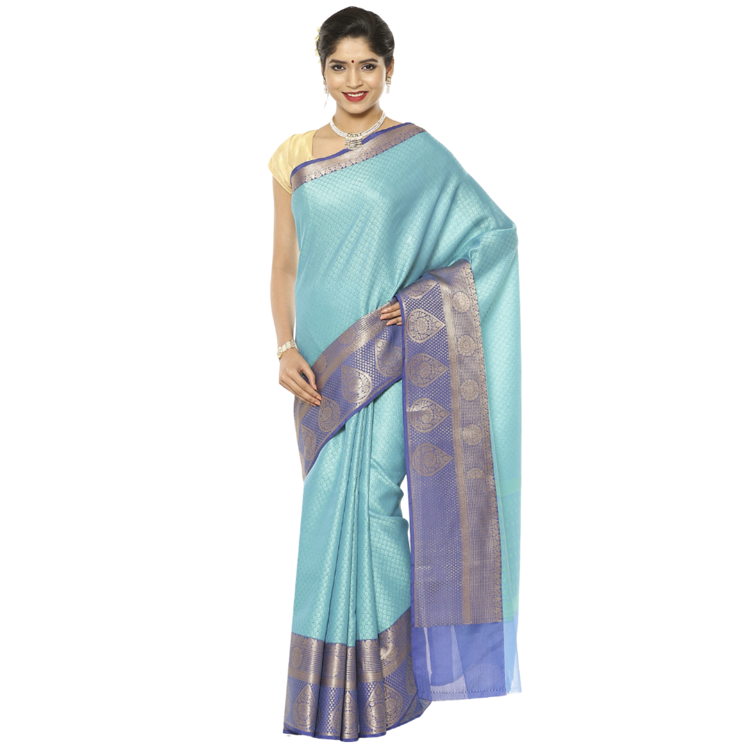 Turquoise Blue Tanchoi Banarasi Sarees For Women GEBC11