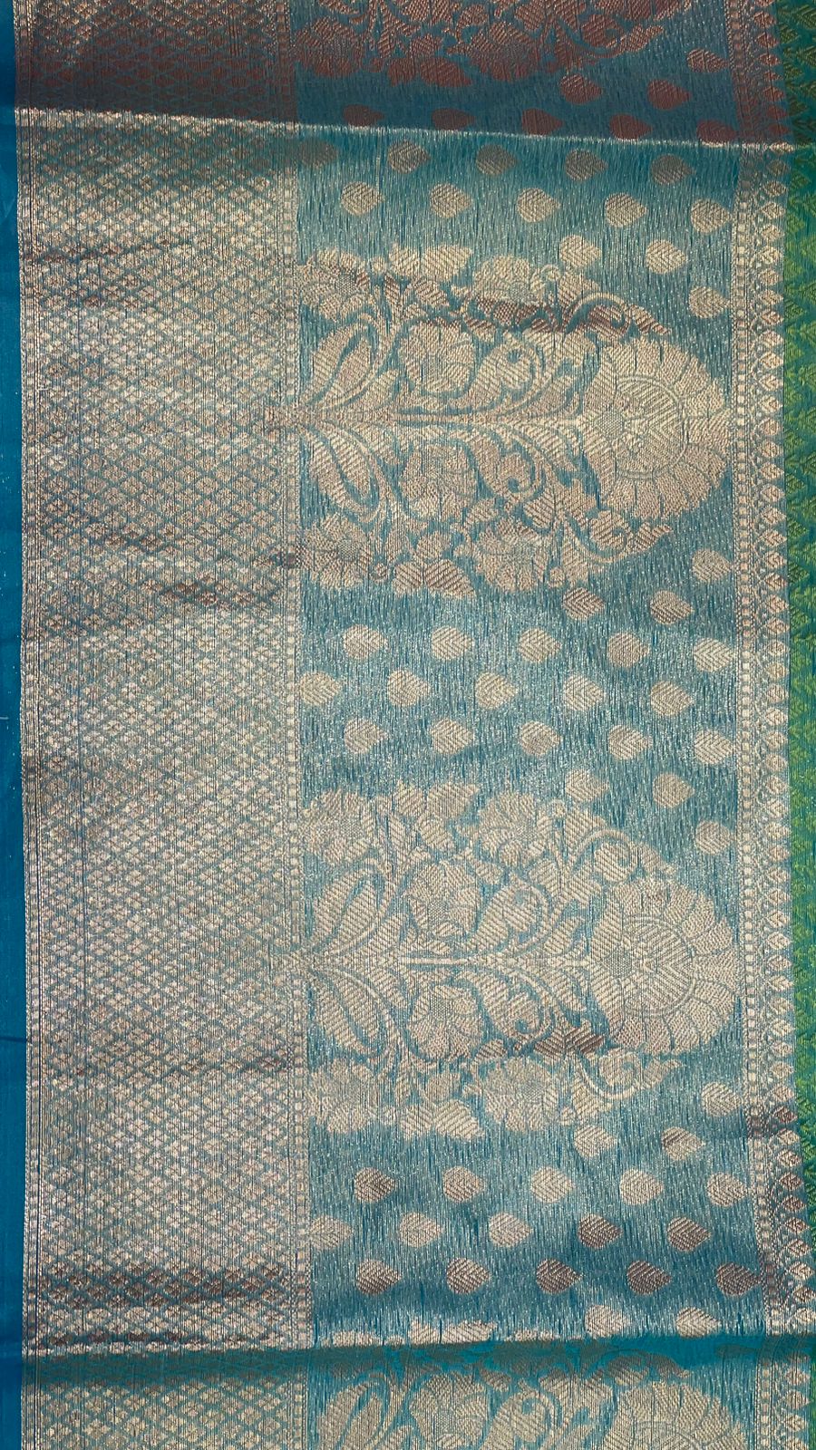 Faishana Green Resham Brocade Saree With Contrast Turquoise Blue Zari Pattu Border