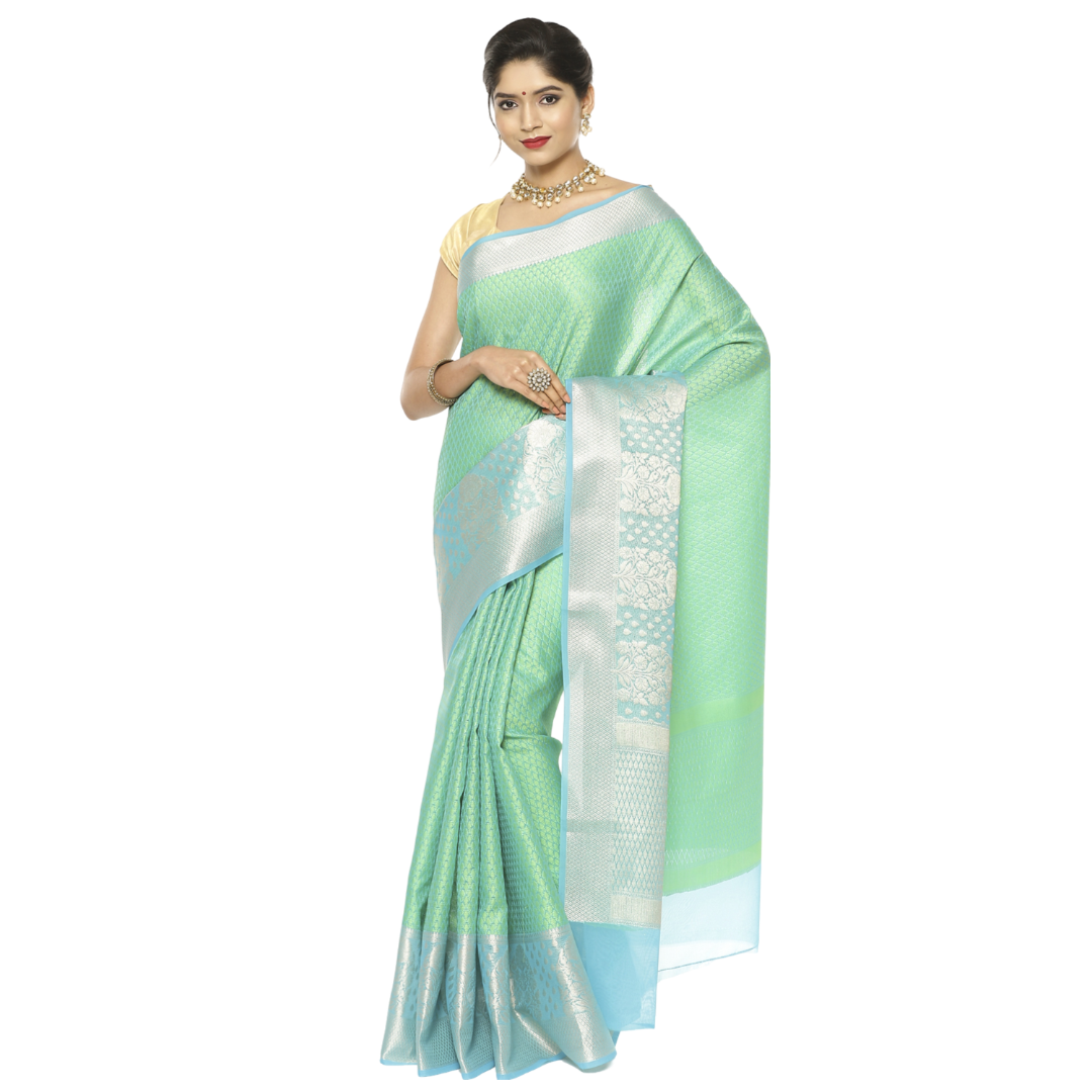 Faishana Green Resham Brocade Saree With Contrast Turquoise Blue Zari Pattu Border