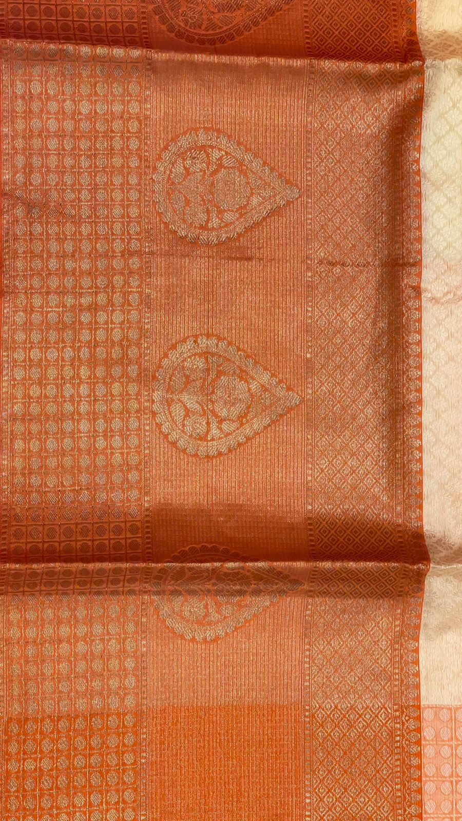Faishana Cream Resham Brocade Saree with Contrast Orange Zari Pattu Border