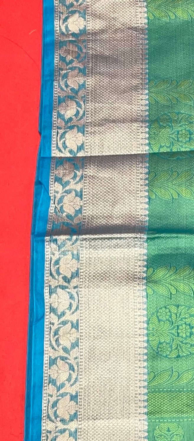 Faishana Green Resham Brocade Saree With Contrast Turquoise Blue Zari Pattu Border