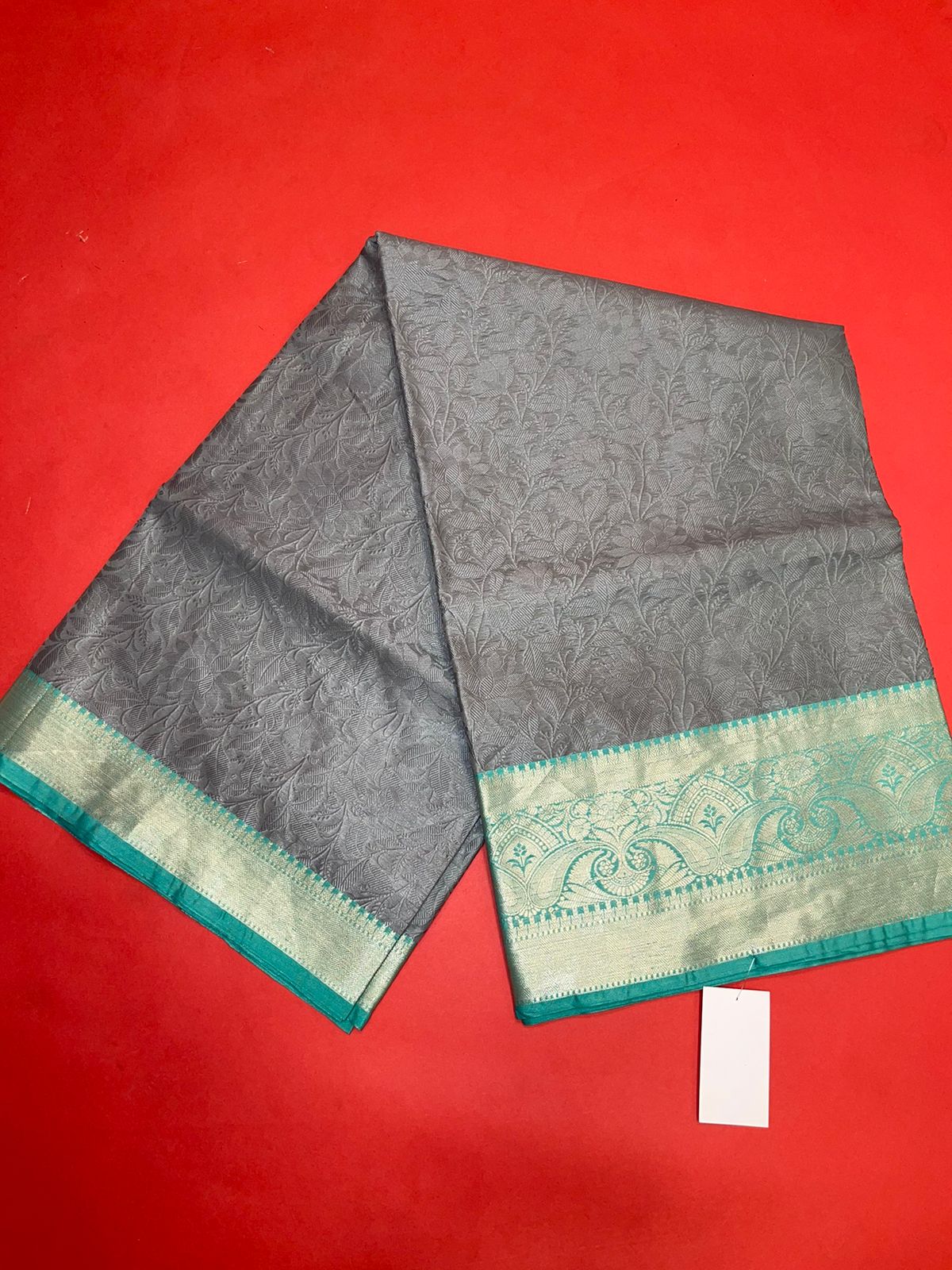Faishana Grey Resham Brocade Saree With Contrast Seagreen Zari Pattu Border