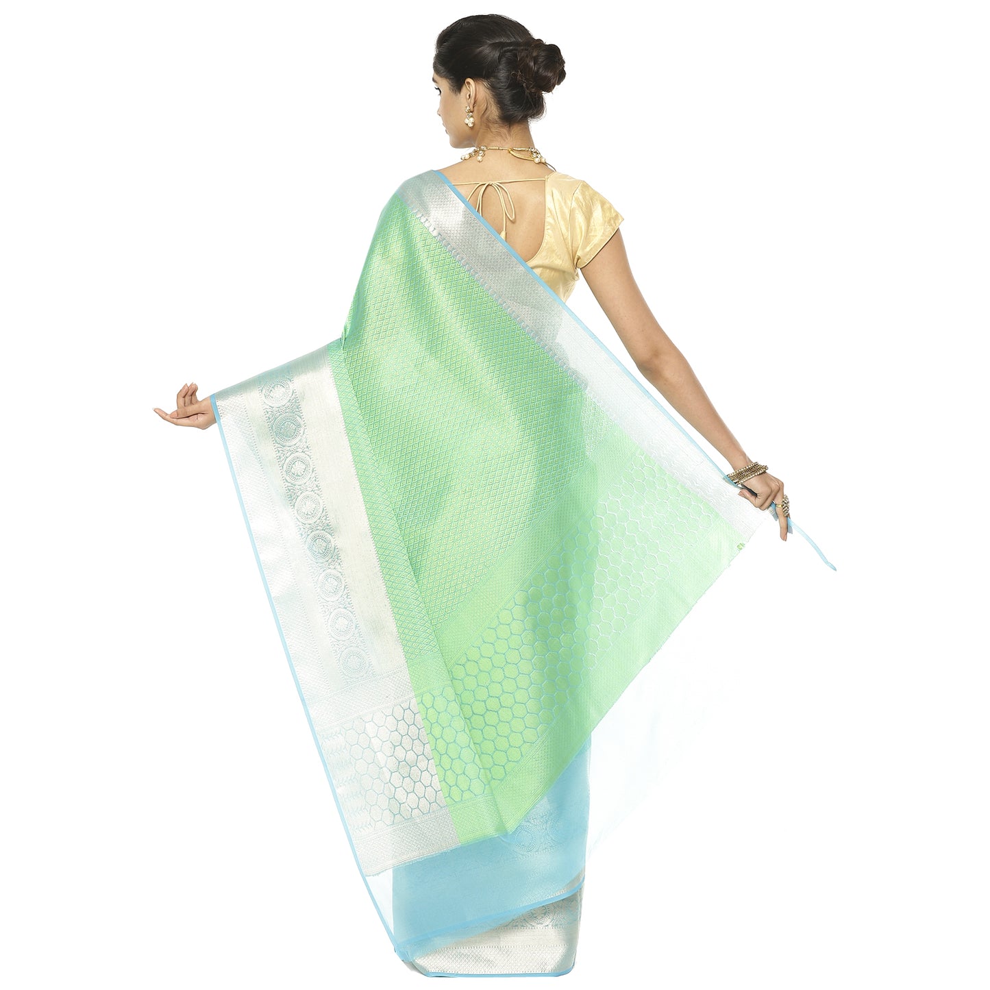 Faishana Green Resham Brocade Saree With Contrast Turquoise Blue Floral Zari Pattu Border