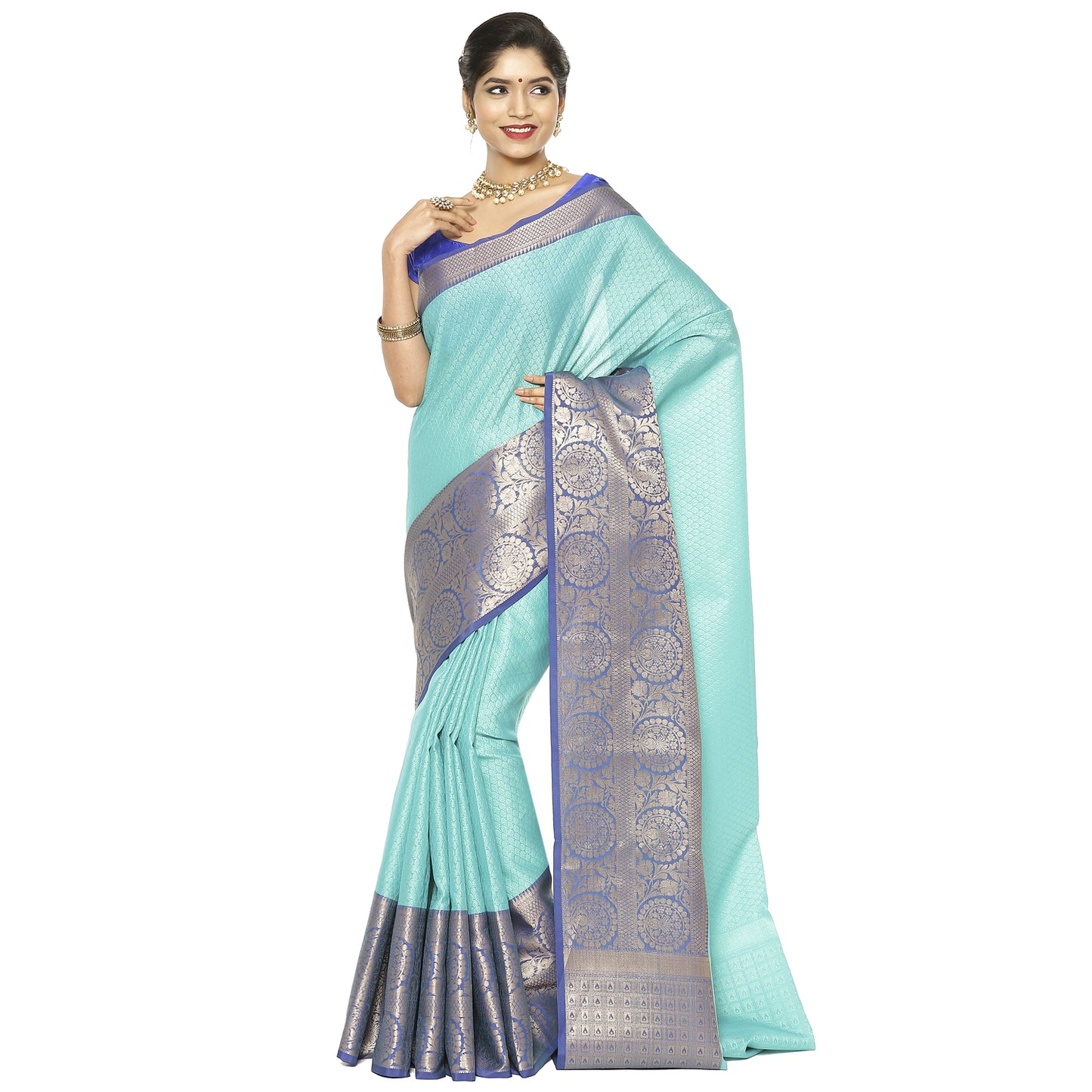 Turquoise Blue Tanchoi Banarasi Sarees For Women GEBC9