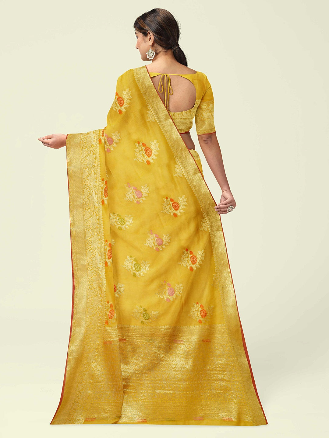 Faishana Presents Gold Masrise Cotton Rose Booti With Gold Blouse Banarasi Saree