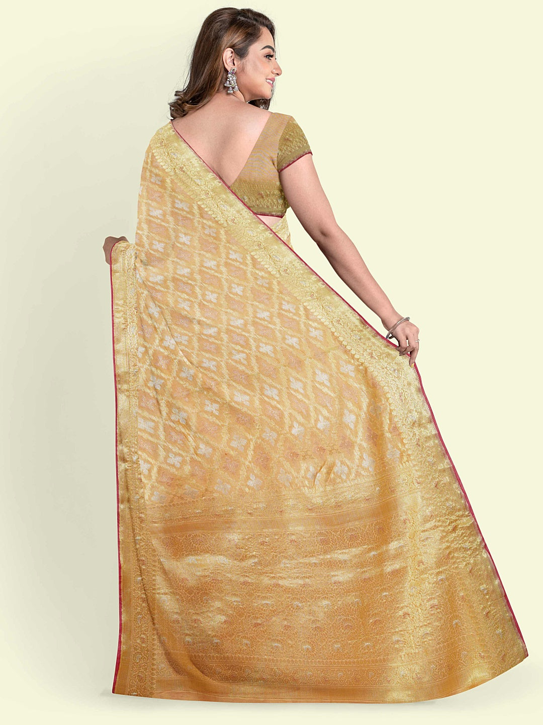 Faishana Presents Beige Masrise Cotton Diagonal Zari Jaal With Beige Blouse Banarasi Saree
