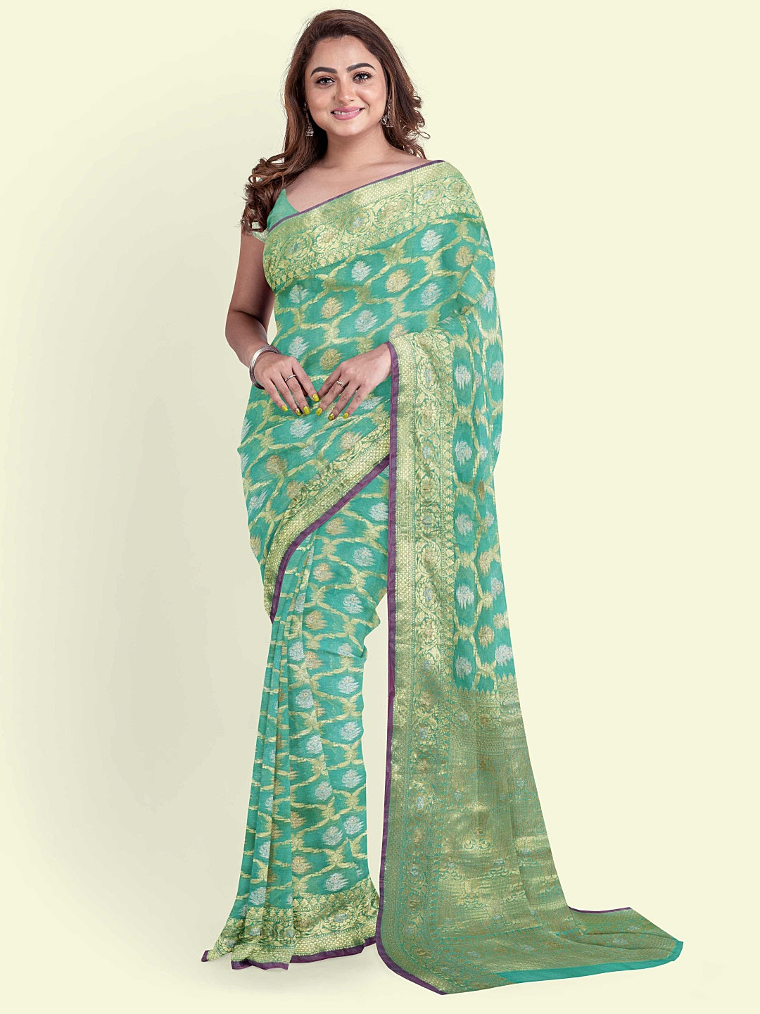 Faishana Presents Sea Green Masrise Cotton Jari Jaal With Sea Green Blouse Banarasi Saree