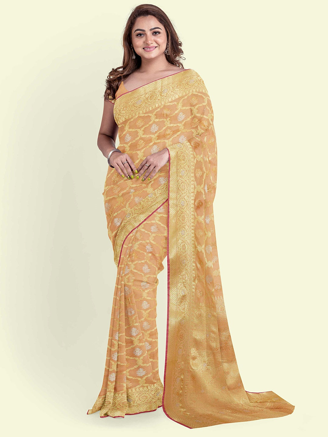 Faishana Presents Beige Masrise Cotton Jari Jaal With Beige Blouse Banarasi Saree