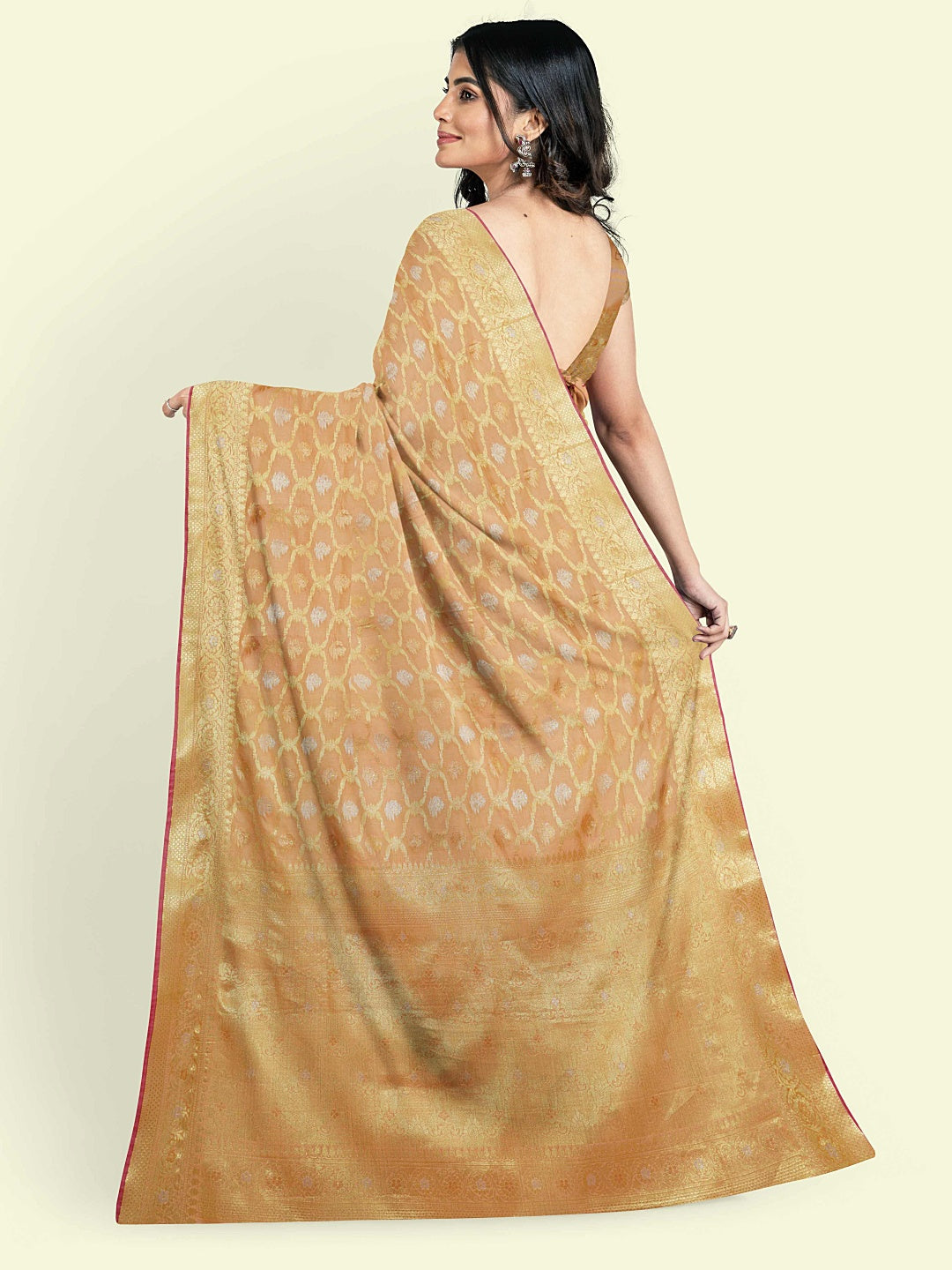 Faishana Presents Beige Masrise Cotton Jari Jaal With Beige Blouse Banarasi Saree