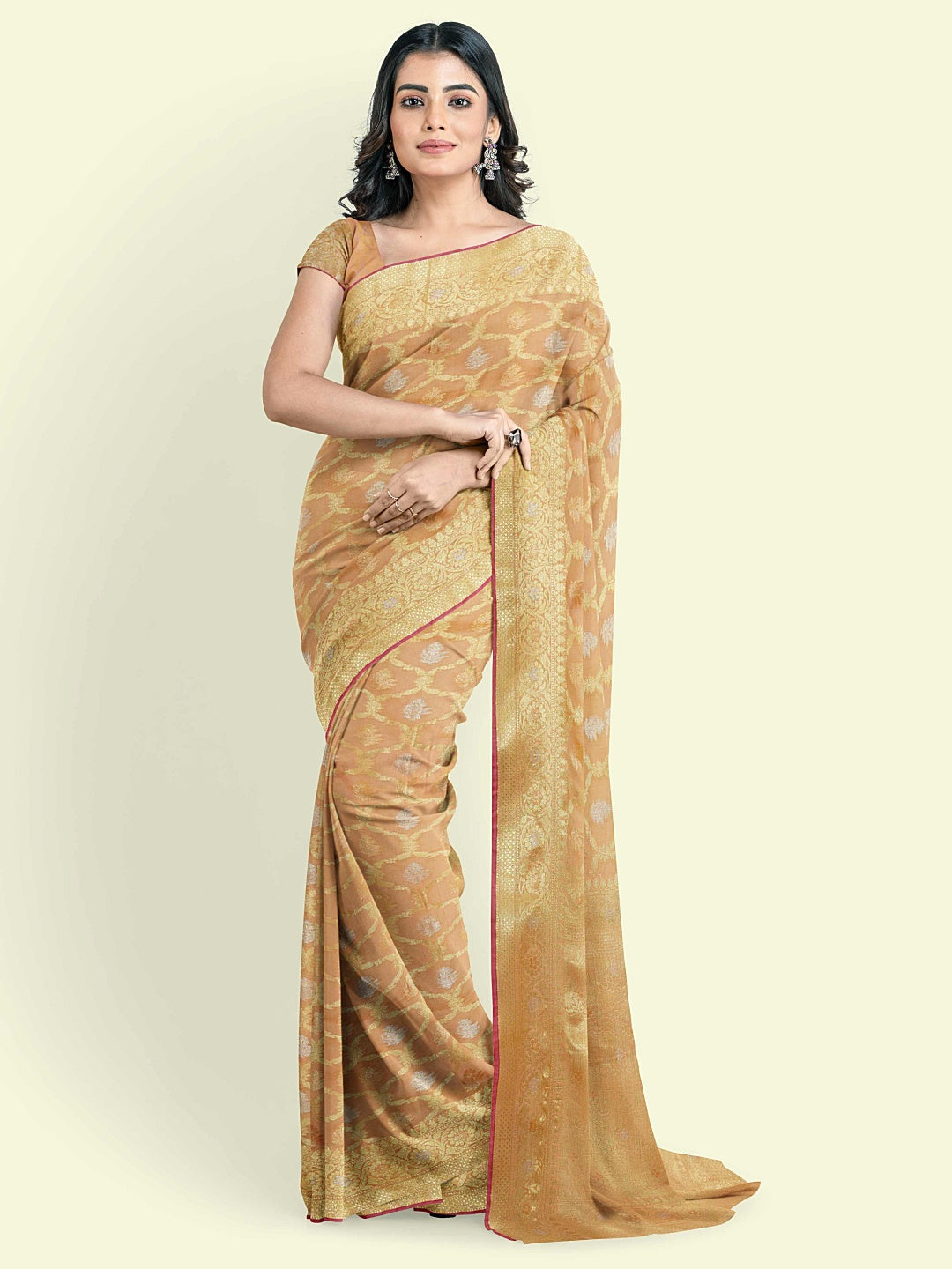 Faishana Presents Beige Masrise Cotton Jari Jaal With Beige Blouse Banarasi Saree