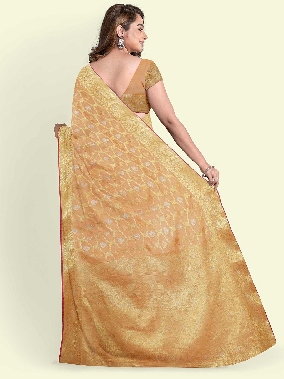 Faishana Presents Beige Masrise Cotton Jari Jaal With Beige Blouse Banarasi Saree