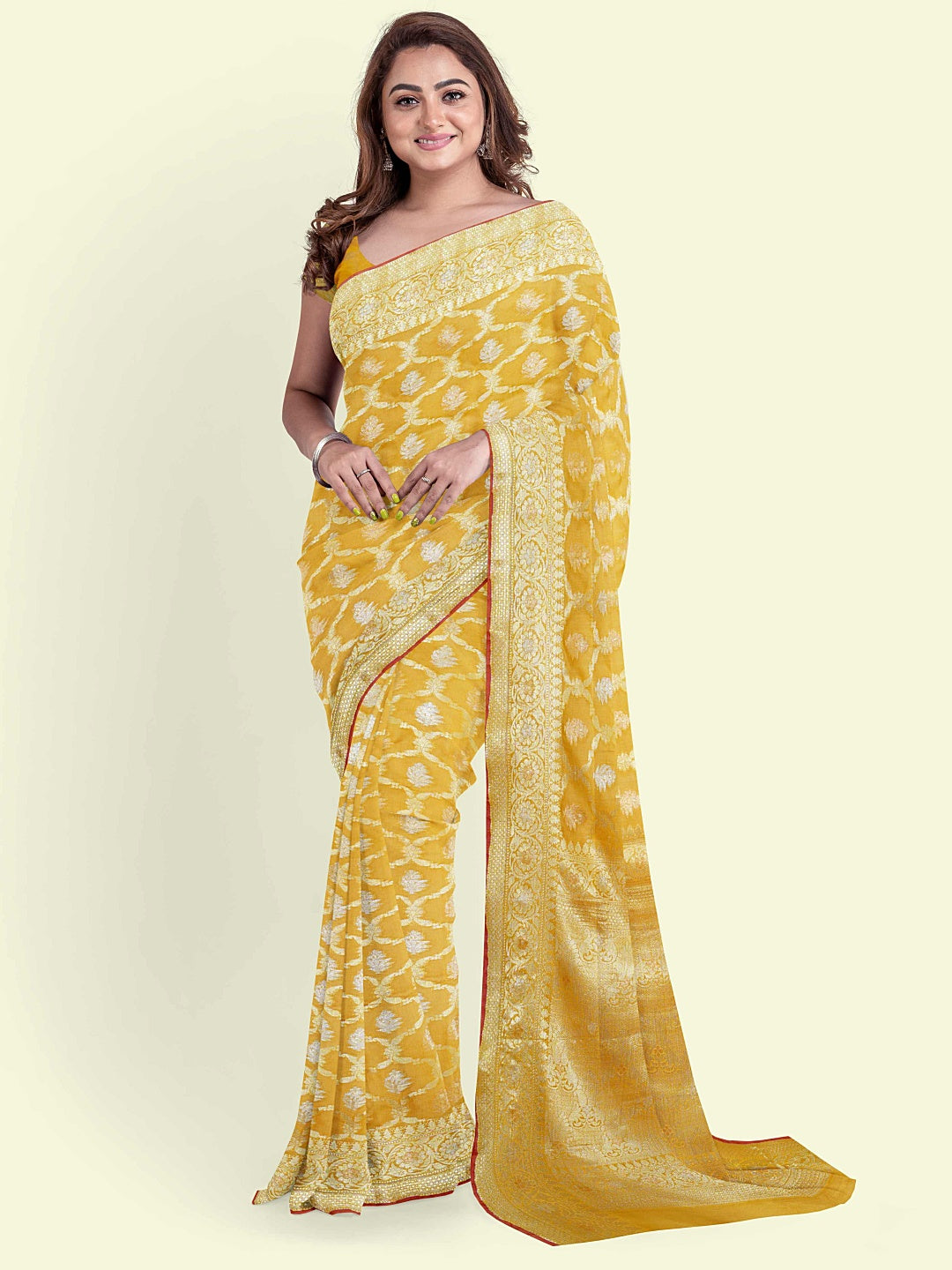 Faishana Presents Mustard Masrise Cotton Jari Jaal With Mustard Blouse Banarasi Saree