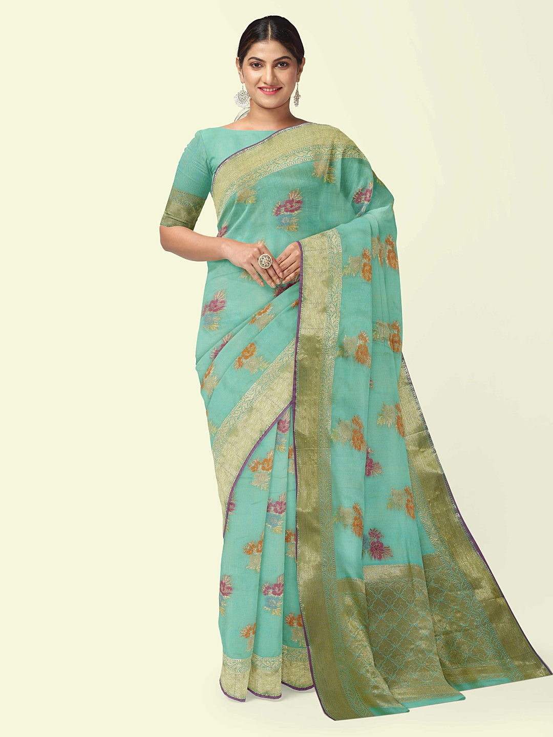 Faishana Presents Sea Green Masrise Cotton Flower Booti With Sea Green Blouse Banarasi Saree