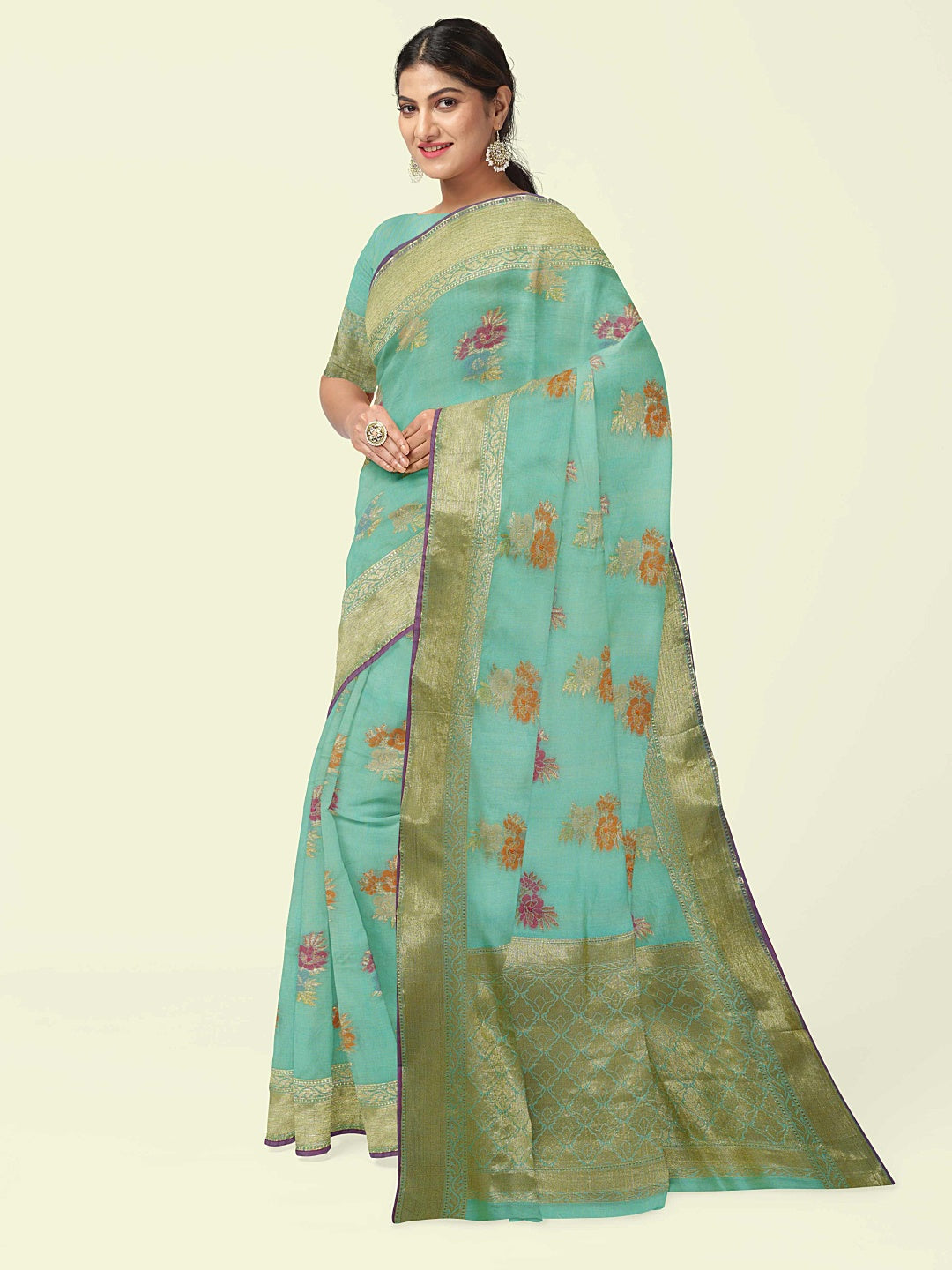 Faishana Presents Sea Green Masrise Cotton Flower Booti With Sea Green Blouse Banarasi Saree