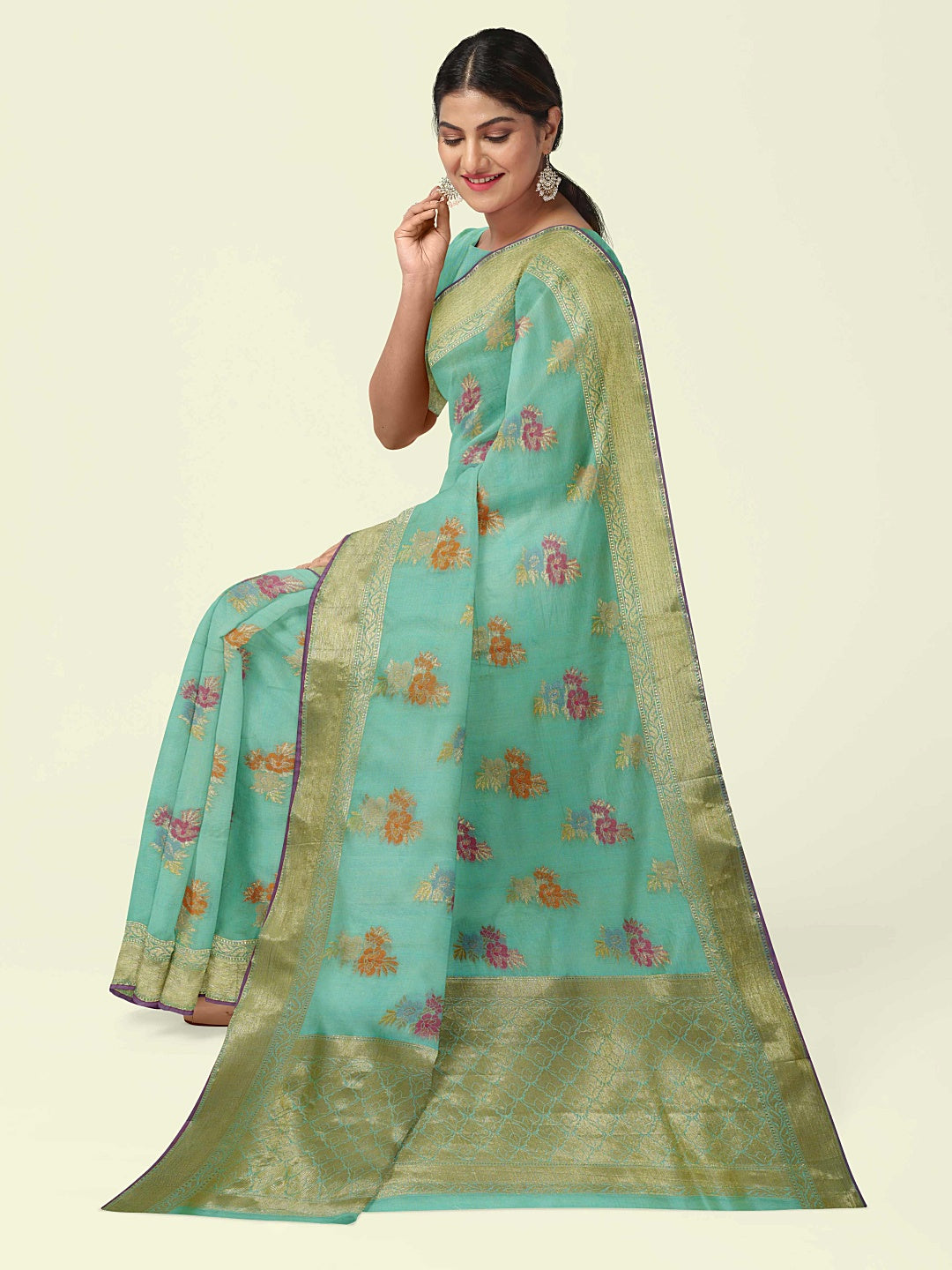 Faishana Presents Sea Green Masrise Cotton Flower Booti With Sea Green Blouse Banarasi Saree