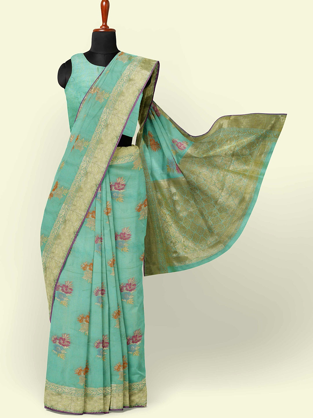 Faishana Presents Sea Green Masrise Cotton Flower Booti With Sea Green Blouse Banarasi Saree