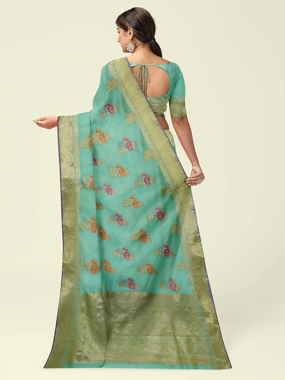 Faishana Presents Sea Green Masrise Cotton Flower Booti With Sea Green Blouse Banarasi Saree