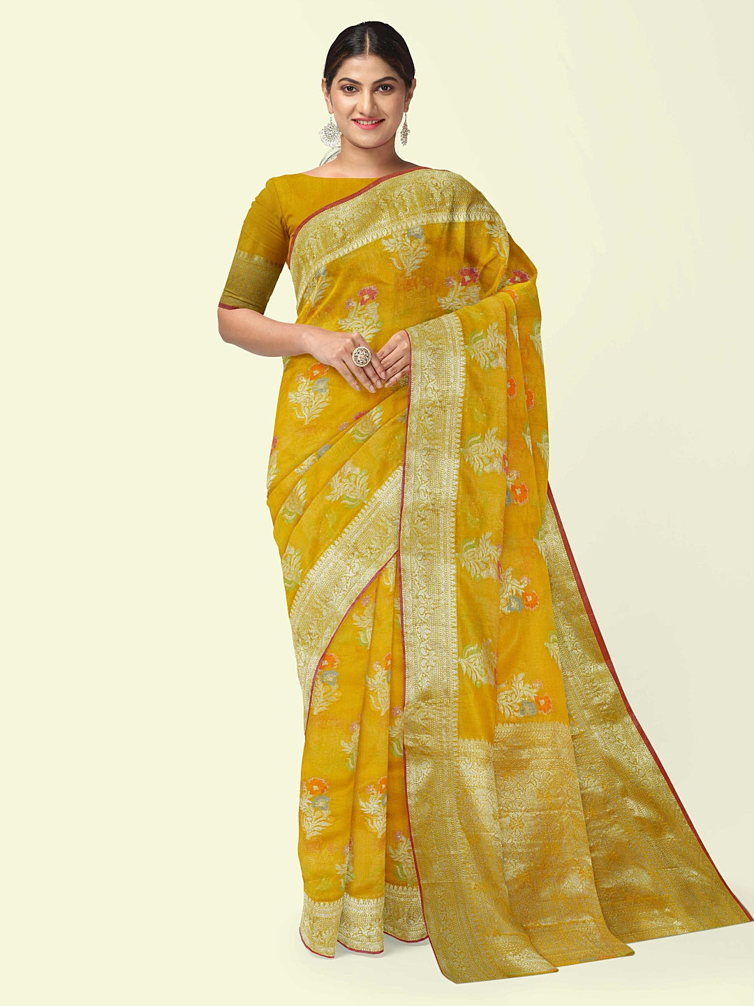 Faishana Presents Gold Masrise Cotton Tilfi Booti With Gold Blouse Banarasi Saree