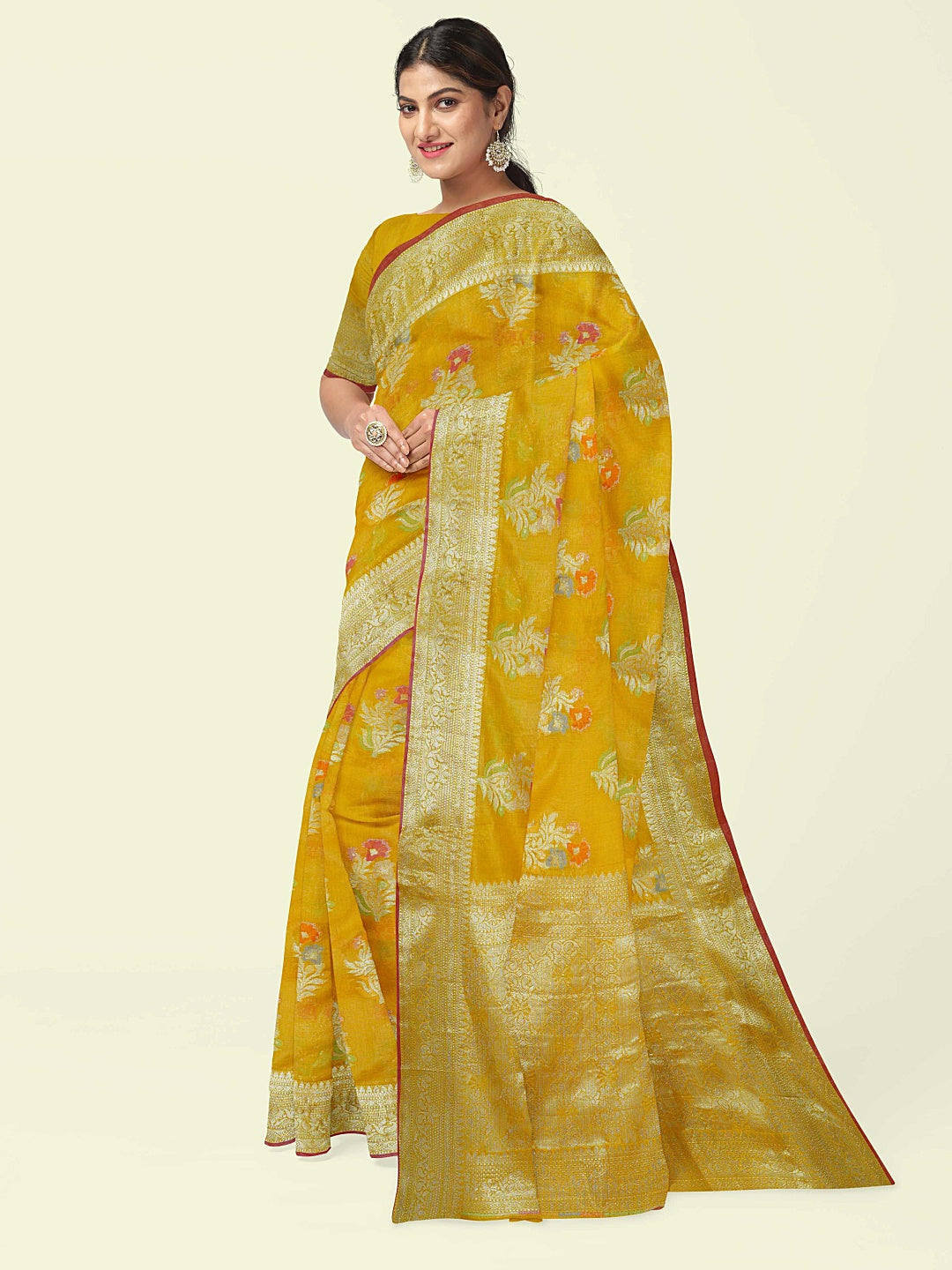Faishana Presents Gold Masrise Cotton Tilfi Booti With Gold Blouse Banarasi Saree