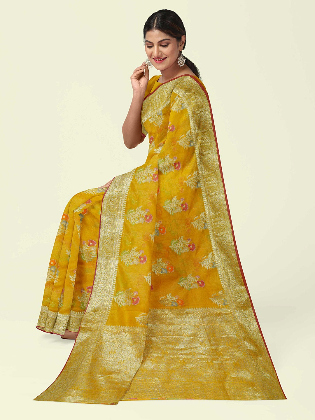 Faishana Presents Gold Masrise Cotton Tilfi Booti With Gold Blouse Banarasi Saree