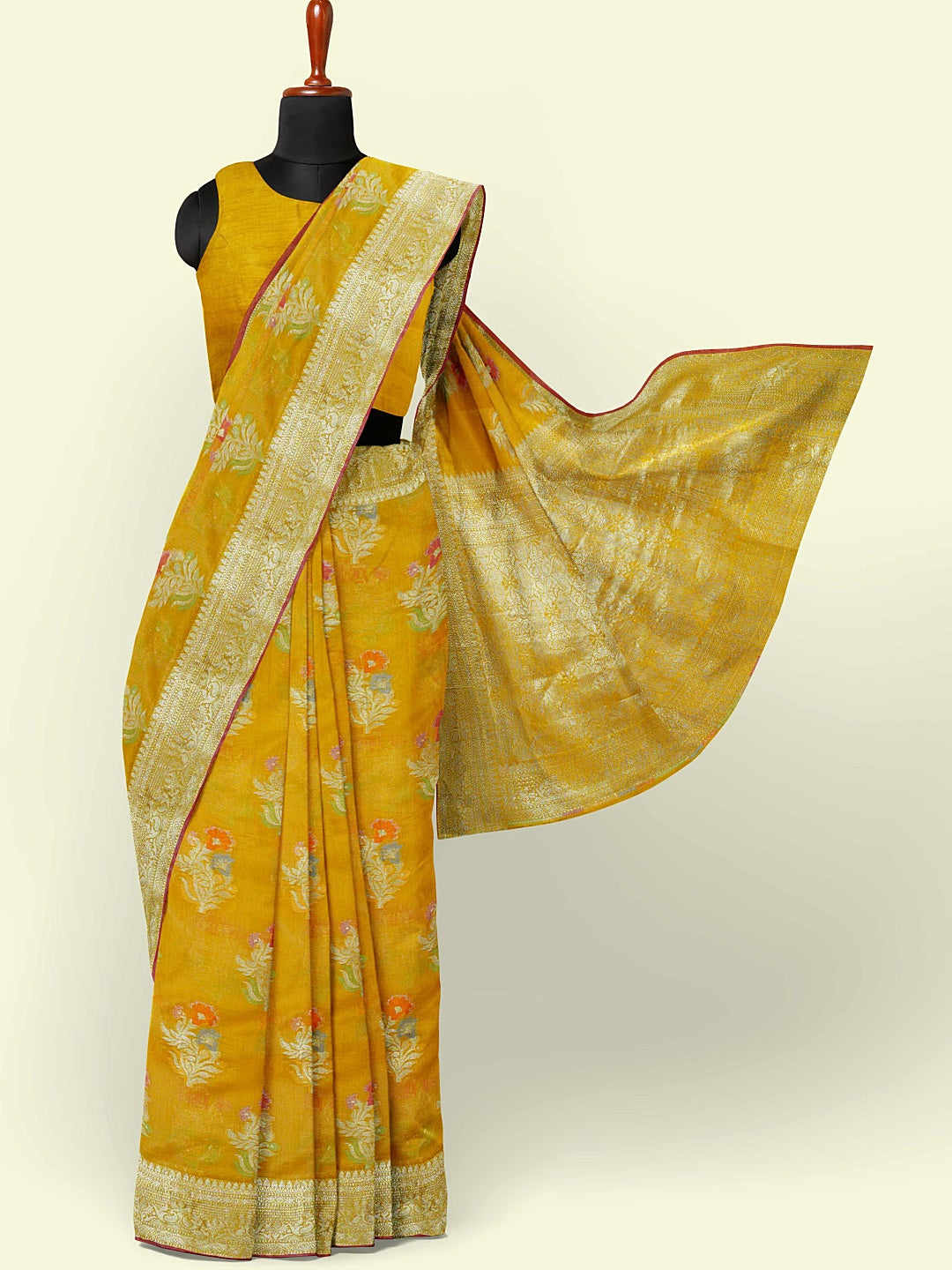 Faishana Presents Gold Masrise Cotton Tilfi Booti With Gold Blouse Banarasi Saree