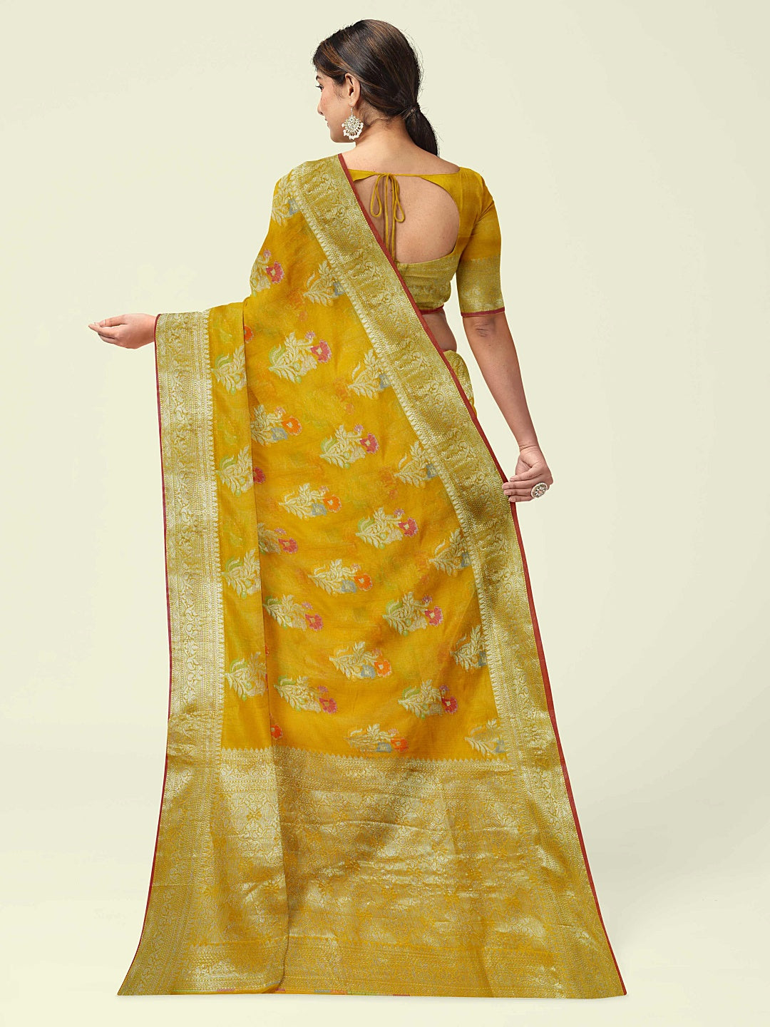 Faishana Presents Gold Masrise Cotton Tilfi Booti With Gold Blouse Banarasi Saree