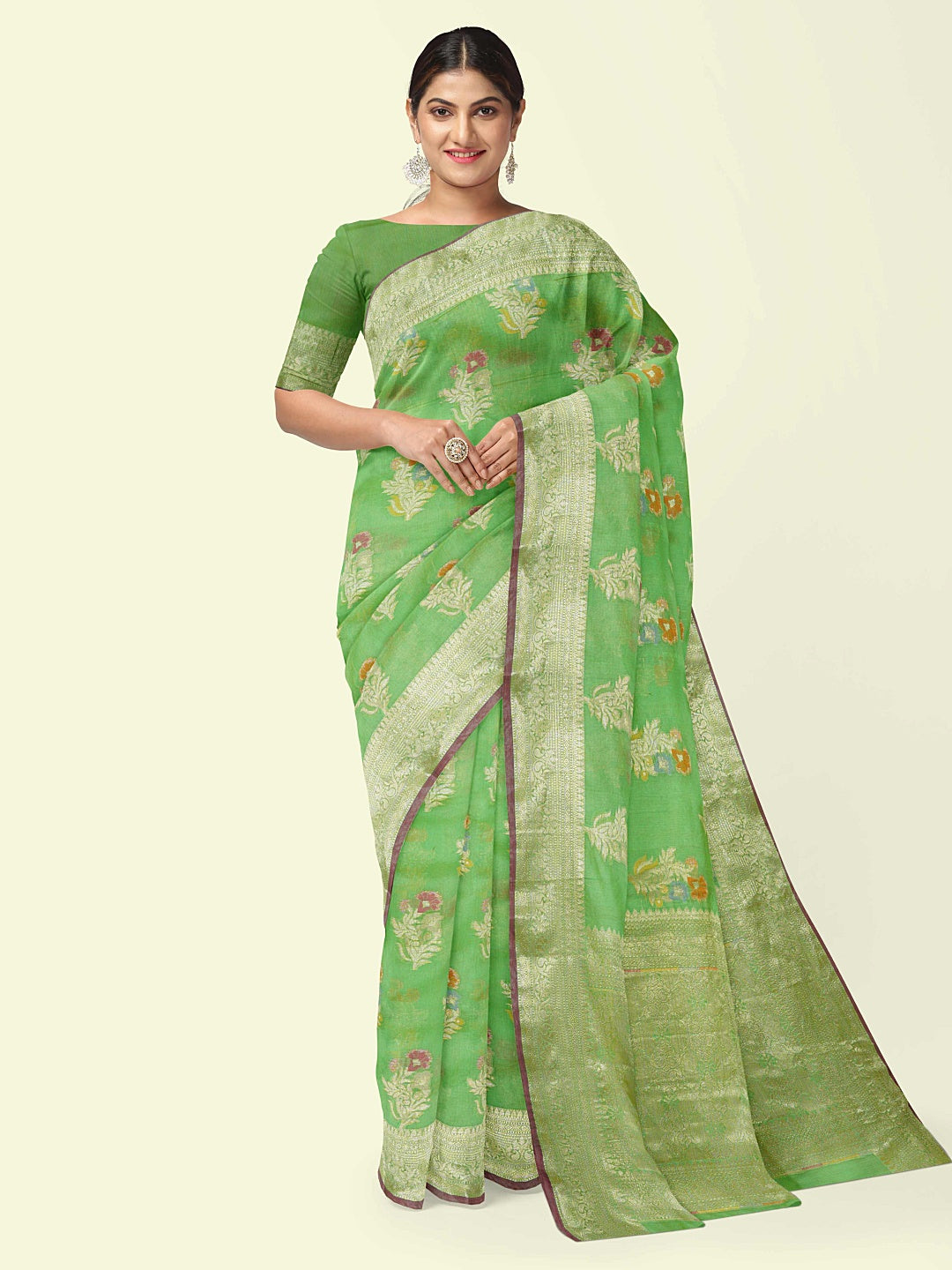 Faishana Presents Green Masrise Cotton Tilfi Booti With Green Blouse Banarasi Saree