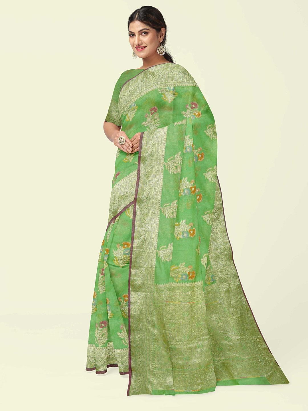 Faishana Presents Green Masrise Cotton Tilfi Booti With Green Blouse Banarasi Saree