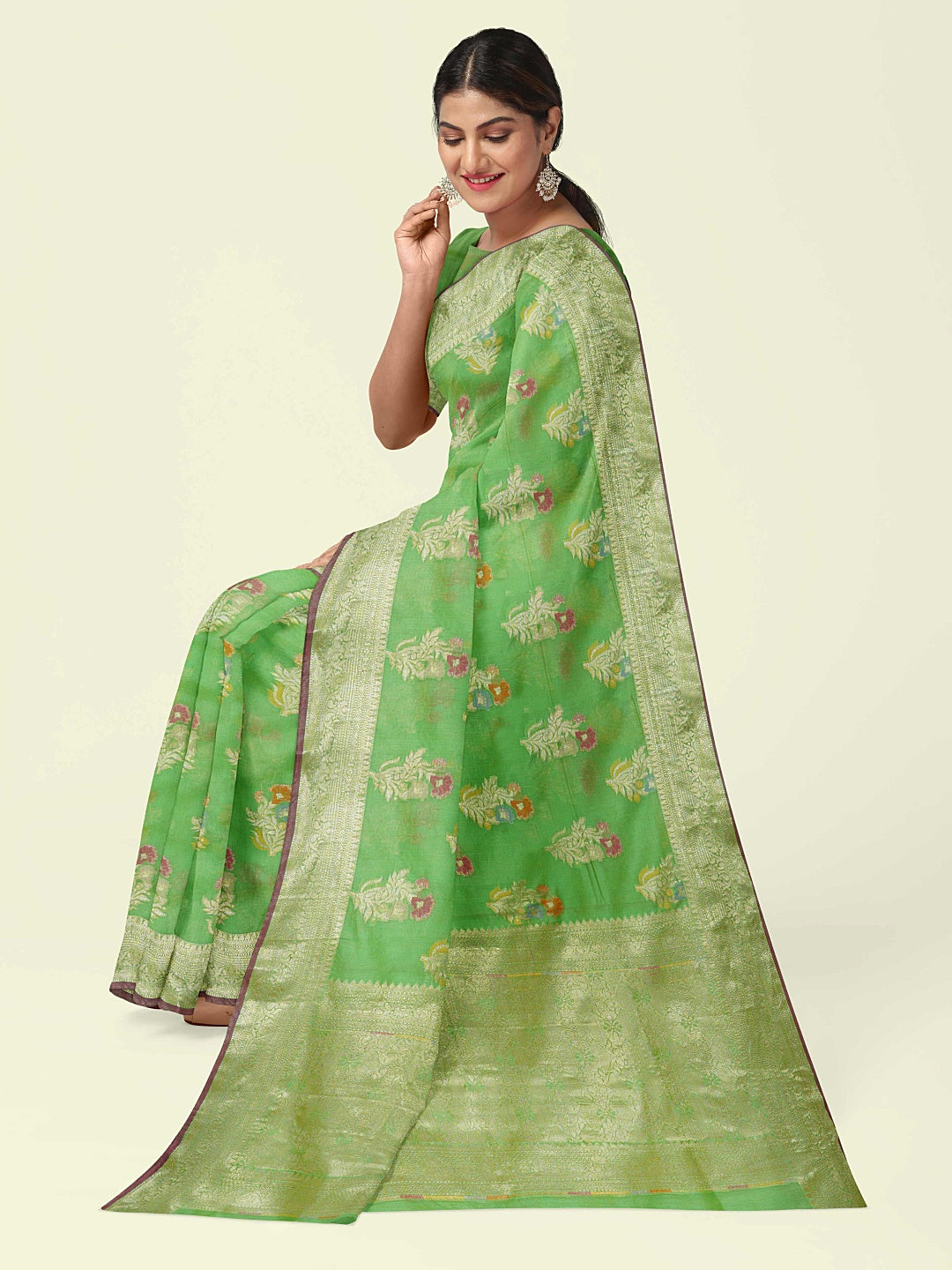 Faishana Presents Green Masrise Cotton Tilfi Booti With Green Blouse Banarasi Saree