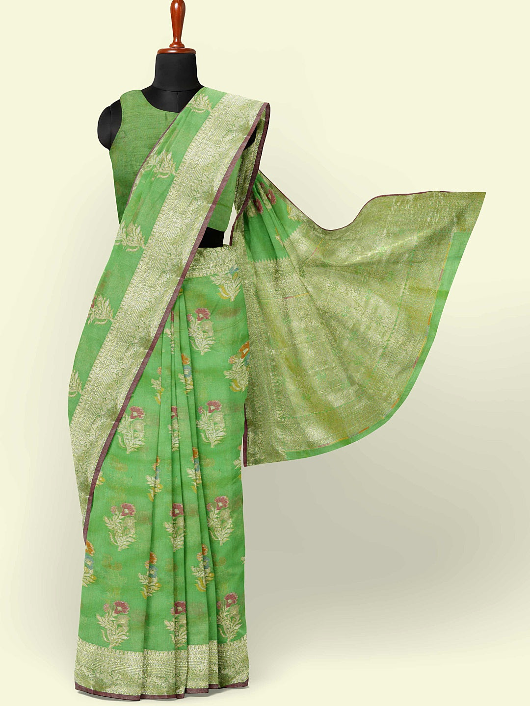 Faishana Presents Green Masrise Cotton Tilfi Booti With Green Blouse Banarasi Saree