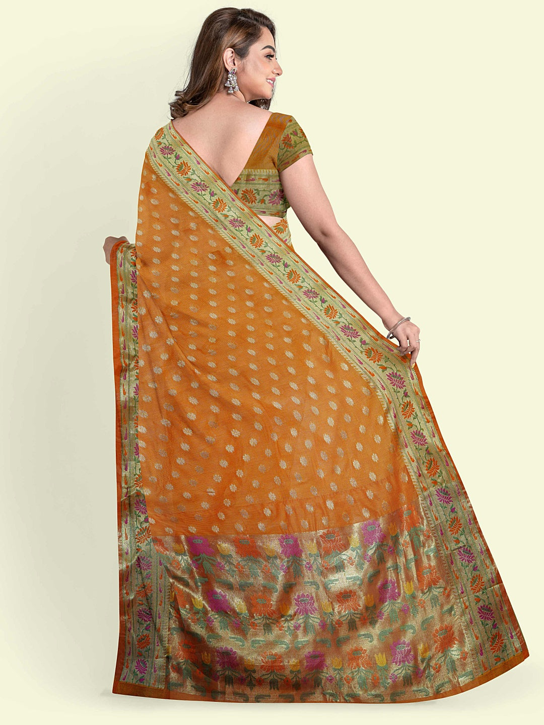 Faishana Presents Orange Masrise Cotton Chunari Booti With Orange Blouse Banarasi Saree
