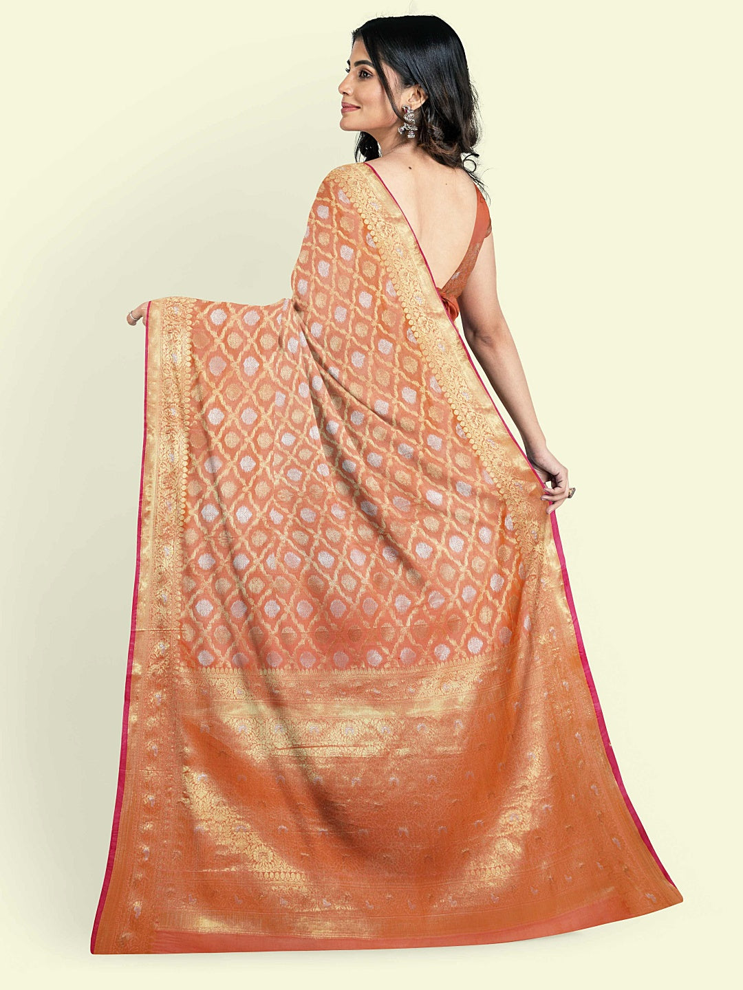Faishana Presents Peach Masrise Cotton Jari Jaal With Peach Blouse Banarasi Saree
