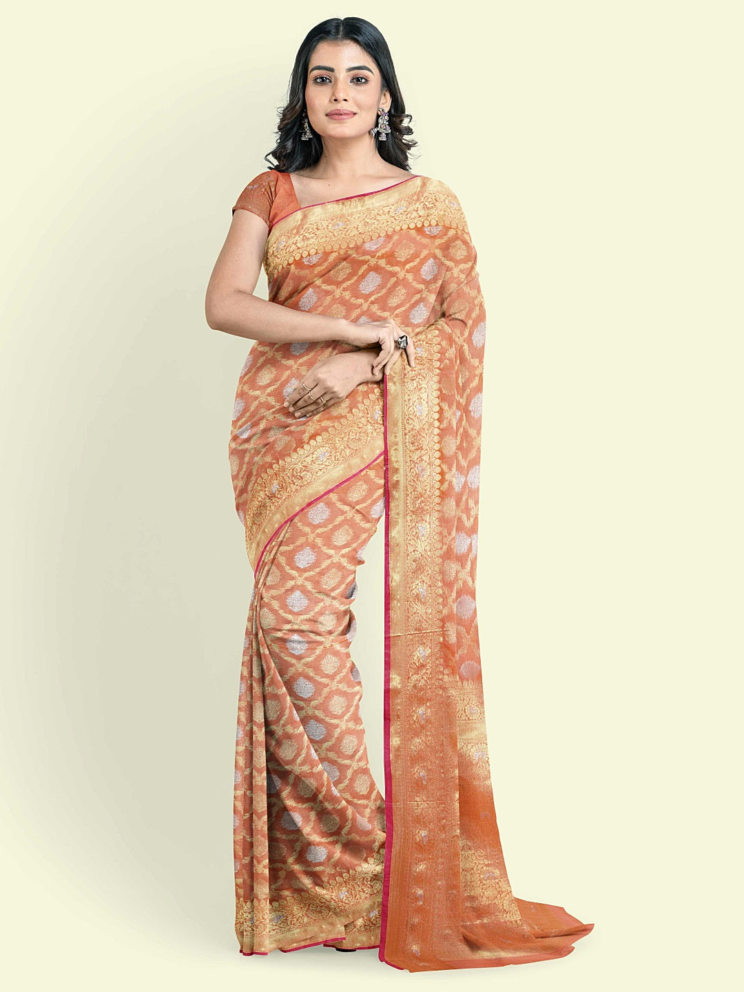 Faishana Presents Peach Masrise Cotton Jari Jaal With Peach Blouse Banarasi Saree