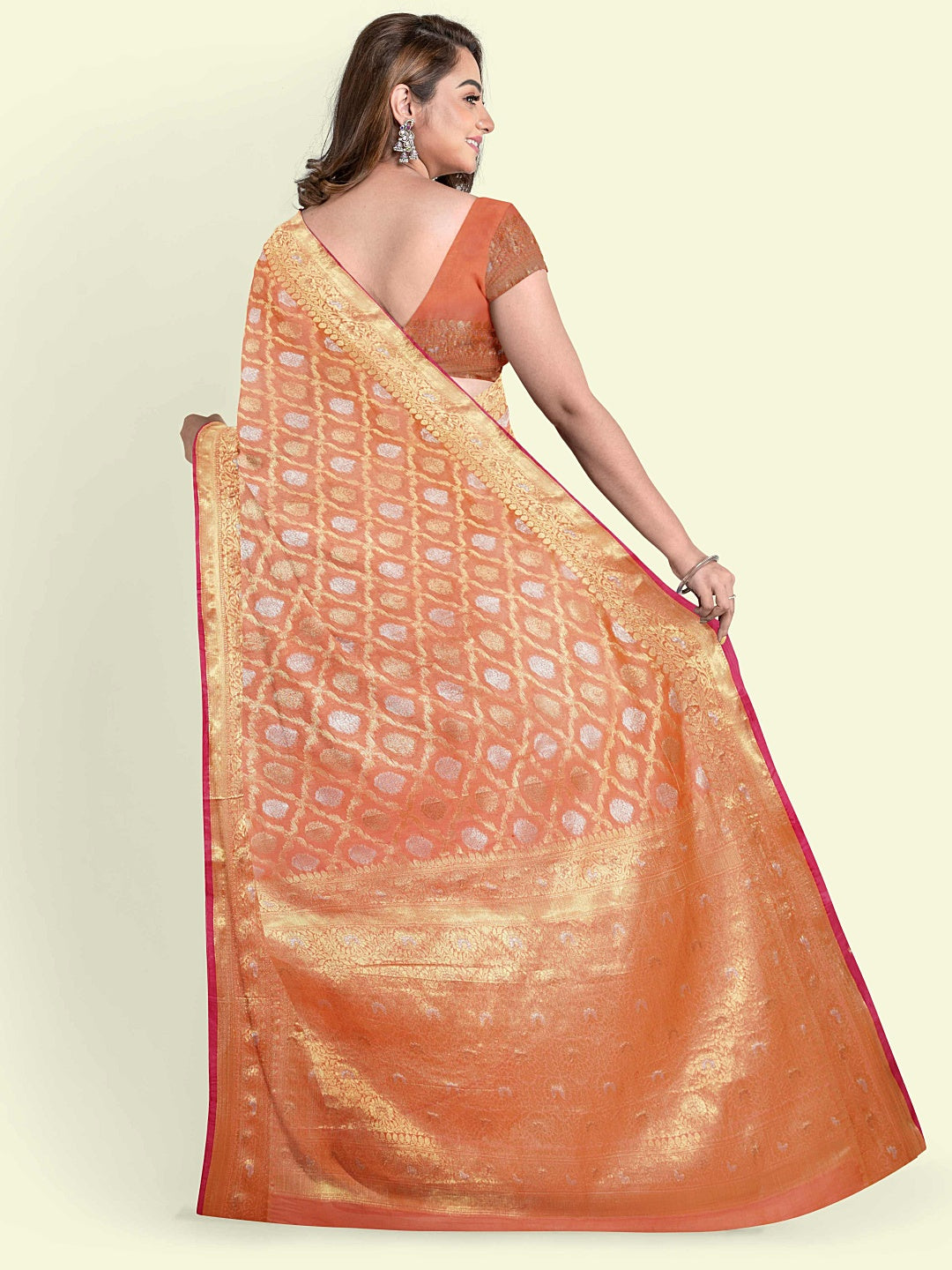Faishana Presents Peach Masrise Cotton Jari Jaal With Peach Blouse Banarasi Saree