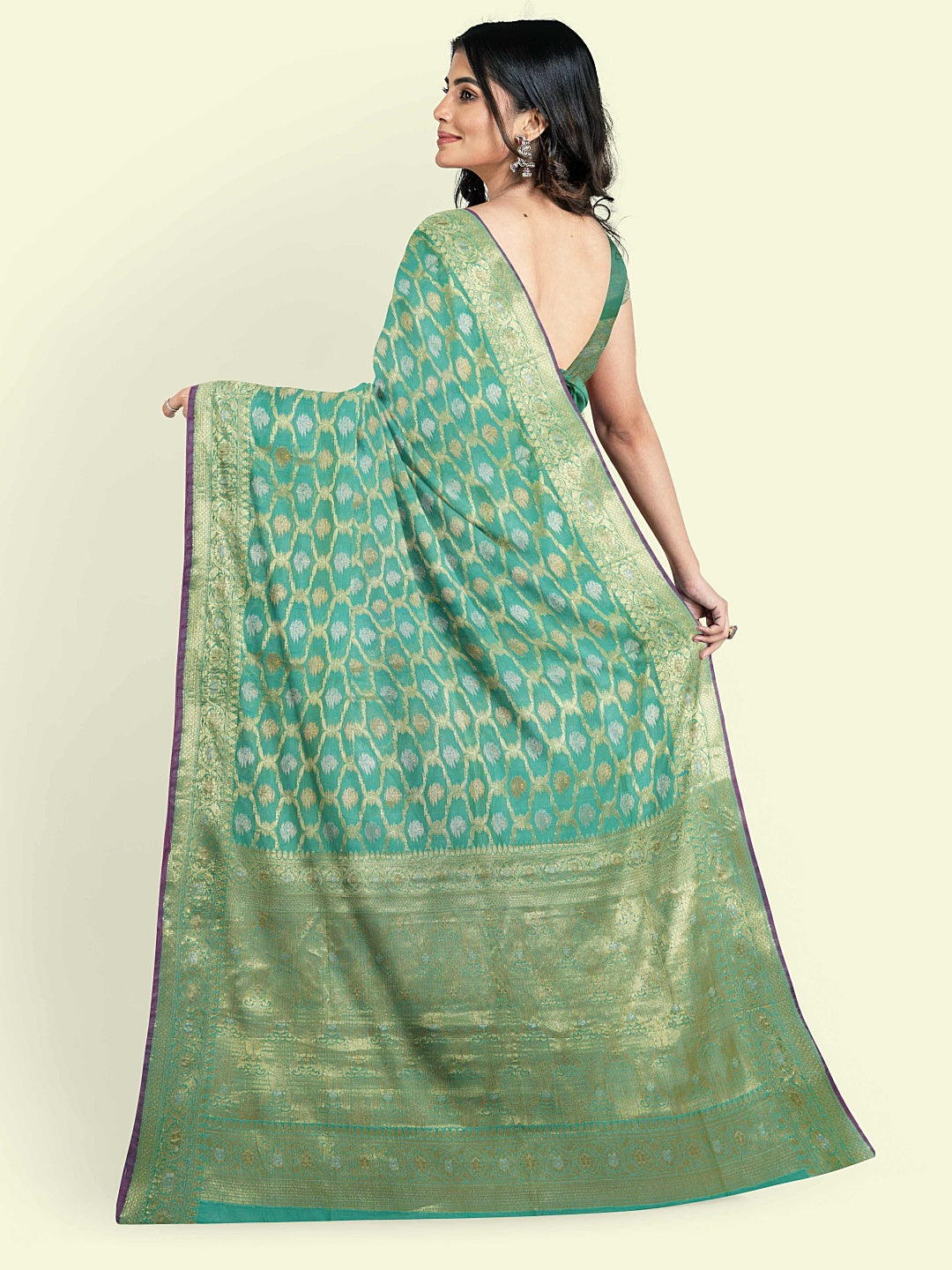 Faishana Presents Sea Green Masrise Cotton Jari Jaal With Sea Green Blouse Banarasi Saree