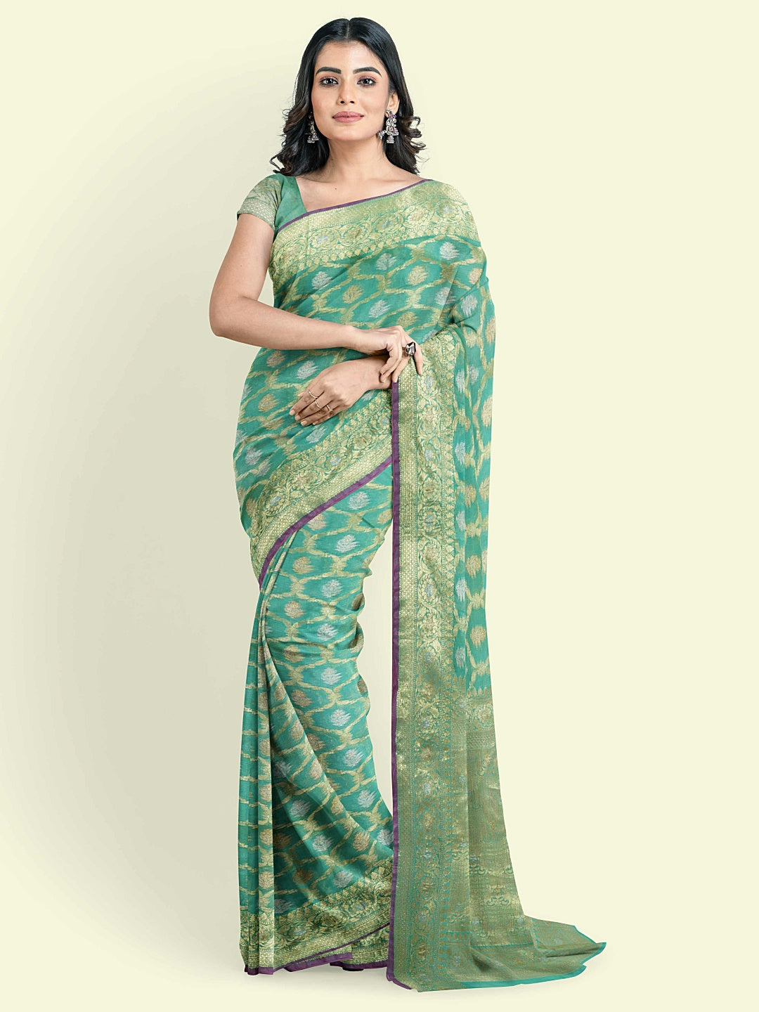 Faishana Presents Sea Green Masrise Cotton Jari Jaal With Sea Green Blouse Banarasi Saree