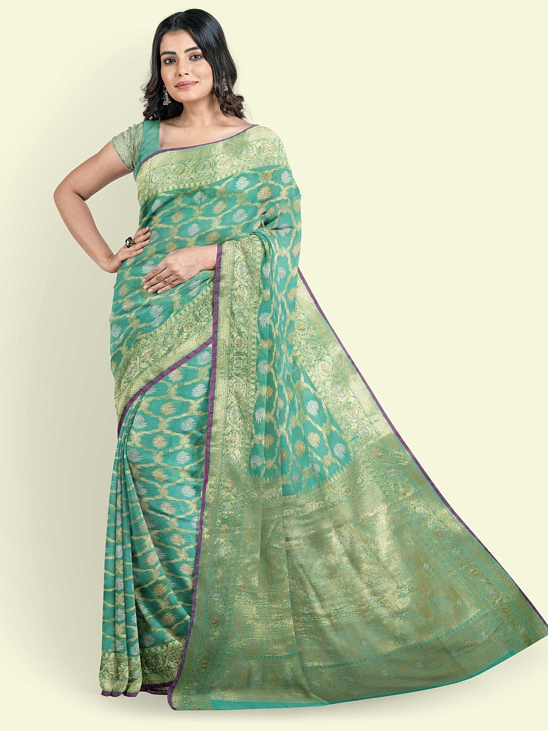 Faishana Presents Sea Green Masrise Cotton Jari Jaal With Sea Green Blouse Banarasi Saree