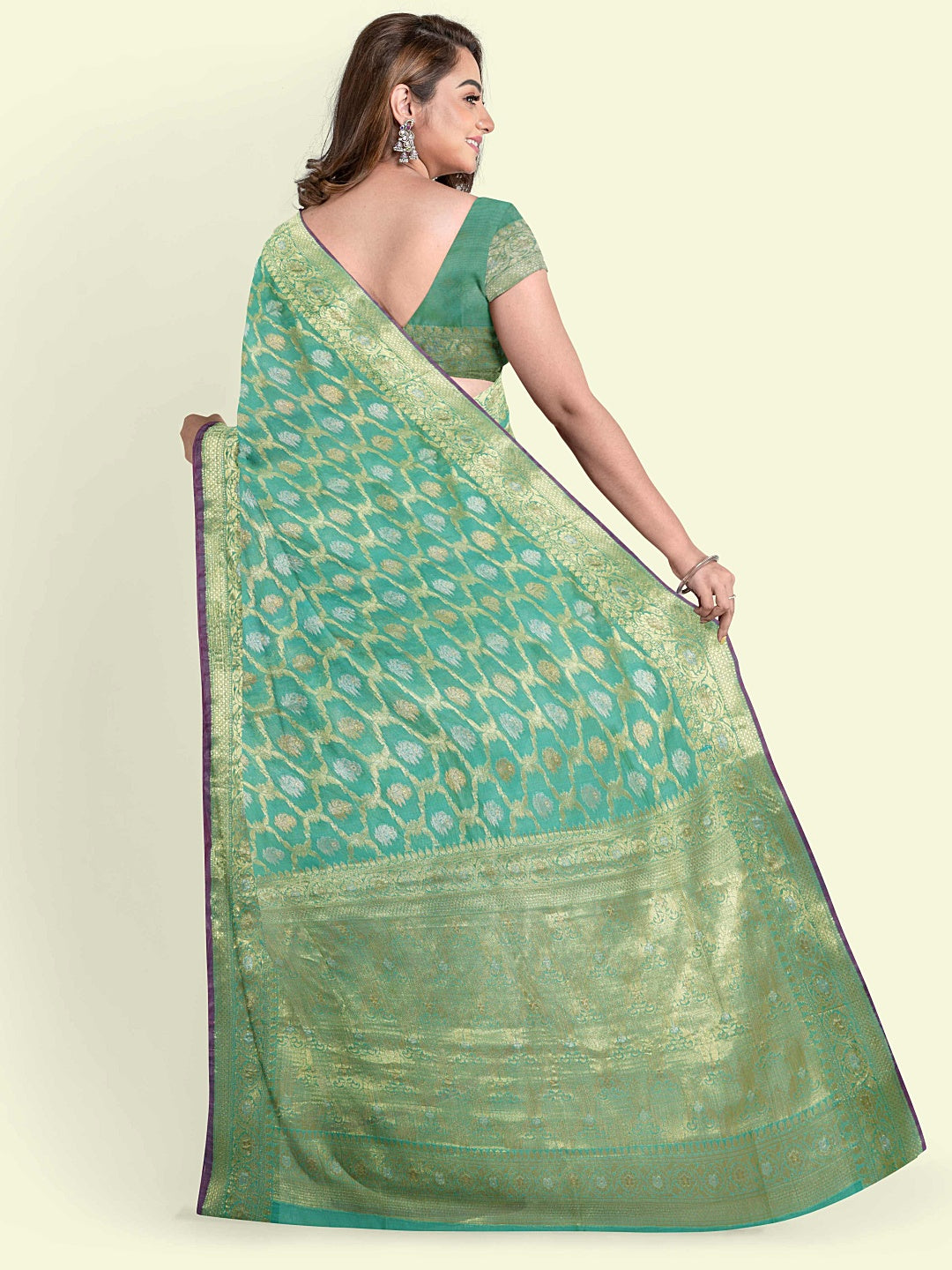Faishana Presents Sea Green Masrise Cotton Jari Jaal With Sea Green Blouse Banarasi Saree