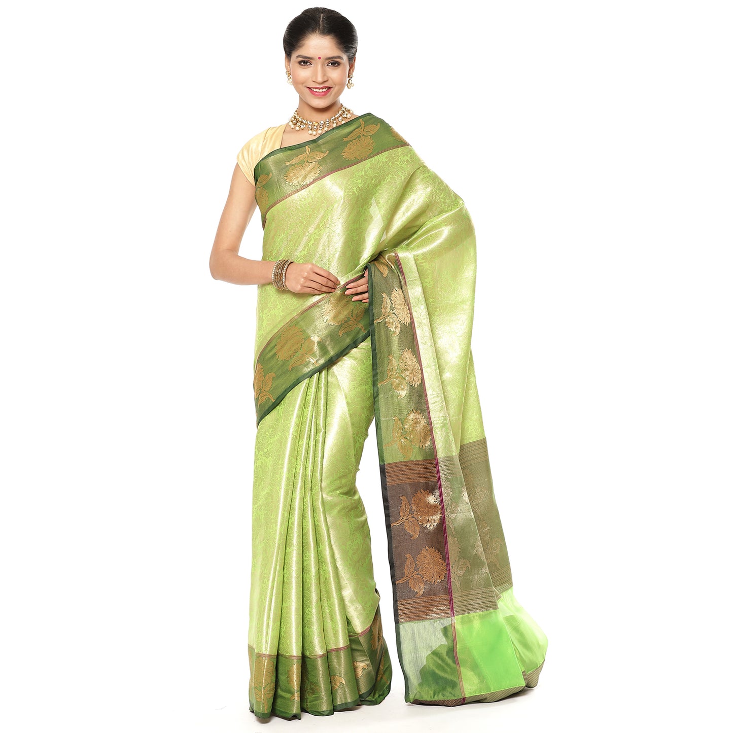 Lime Green Kanchi Silk Banarasi Sarees For Women GEBE11