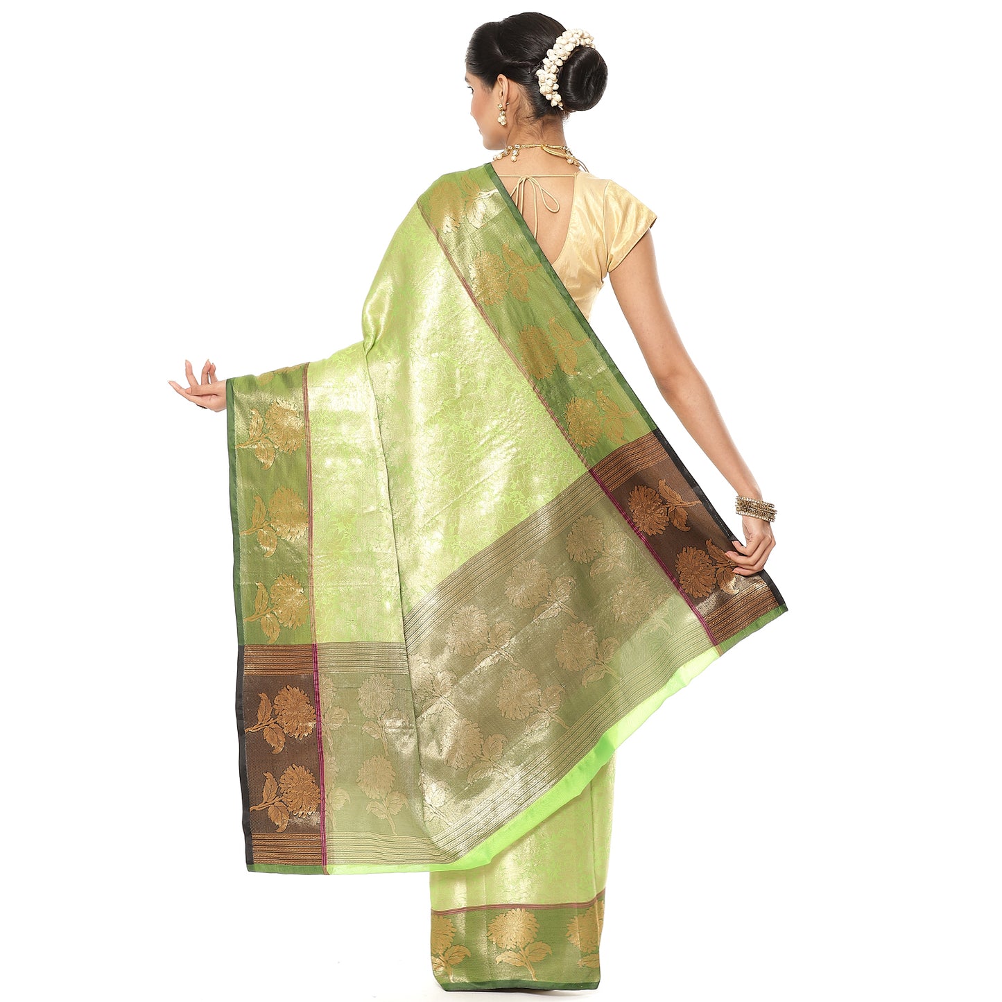 Lime Green Kanchi Silk Banarasi Sarees For Women GEBE11