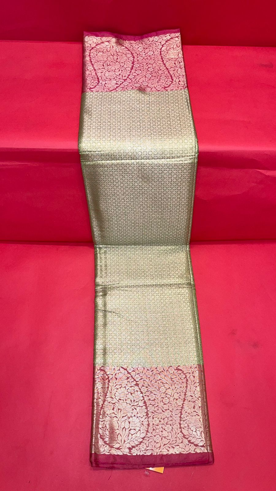 Faishana Presents Light Green Kanchi Silk Zari Brocade Contrast Meena Pink Pattu Border Banarasi Saree