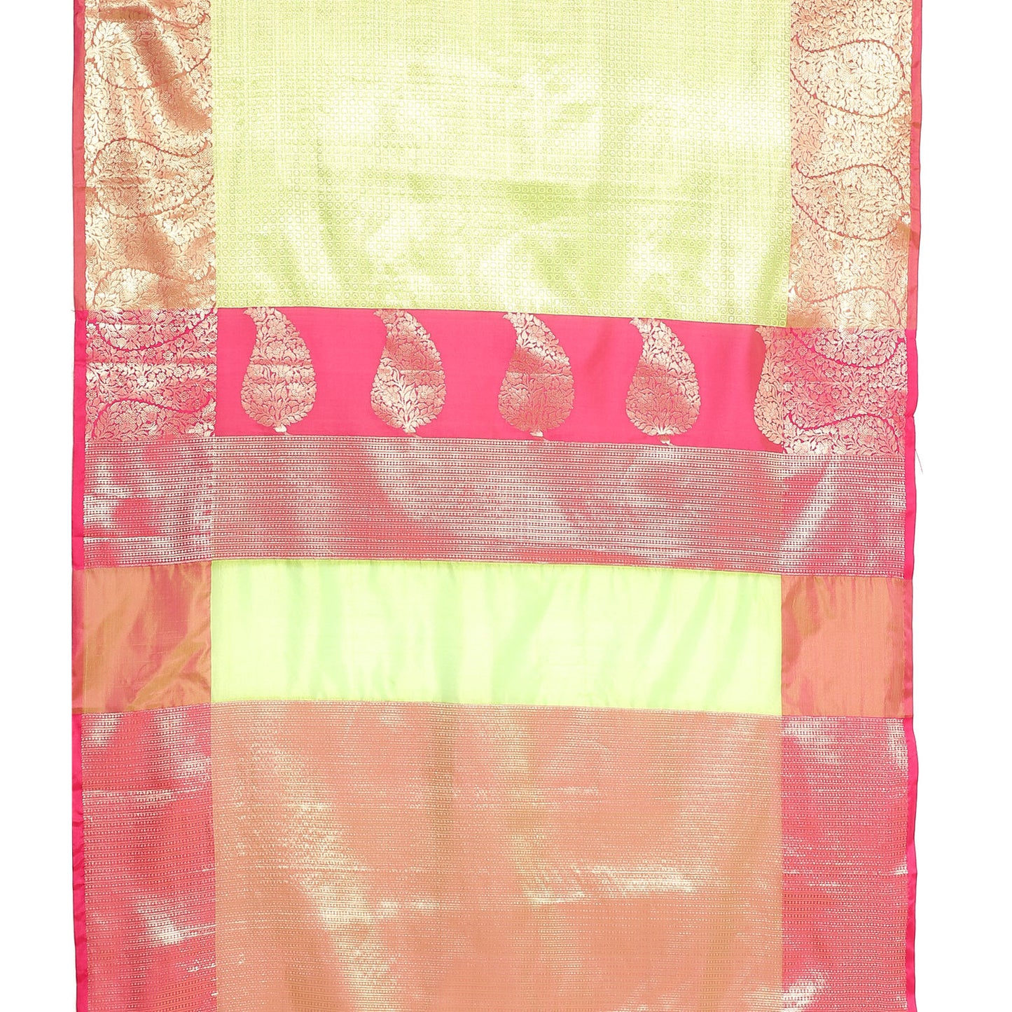 Faishana Presents Light Green Kanchi Silk Zari Brocade Contrast Meena Pink Pattu Border Banarasi Saree
