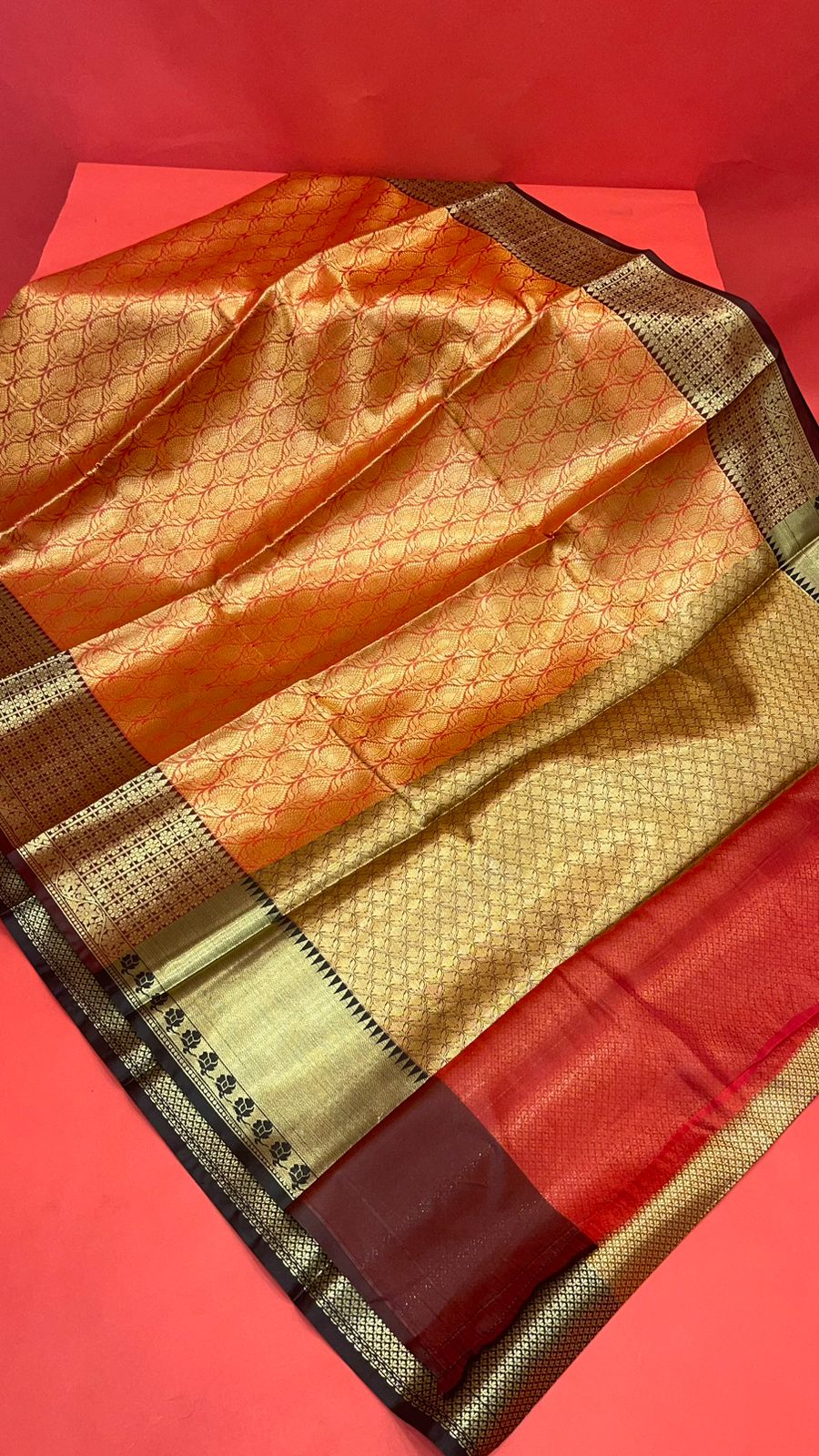 Faishana Presents Red Zari Kanchi Silk Brocade Contrast Deep Maroon Zari Pattu Border Banarasi Saree