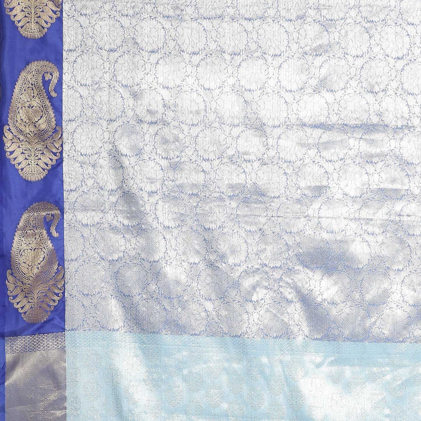 Faishana Presents Sky Blue Zari Kanchi Silk Brocade Contrast Royal Blue Zari Pattu Border Banarasi Saree