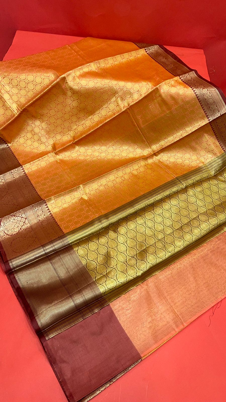 Faishana Presents Peach Zari Kanchi Silk Brocade Contrast Maroon Zari Pattu Border Banarasi Saree