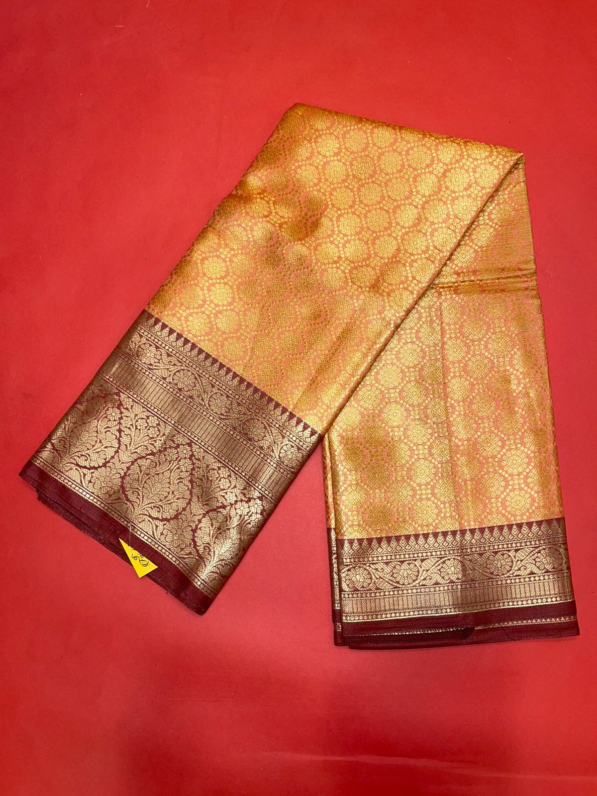Faishana Presents Peach Zari Kanchi Silk Brocade Contrast Maroon Zari Pattu Border Banarasi Saree