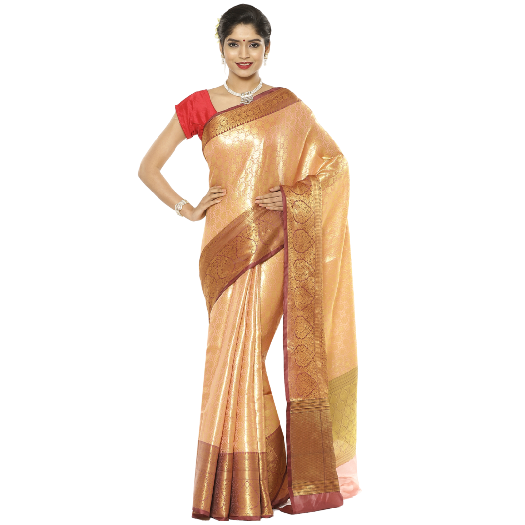 Faishana Presents Peach Zari Kanchi Silk Brocade Contrast Maroon Zari Pattu Border Banarasi Saree